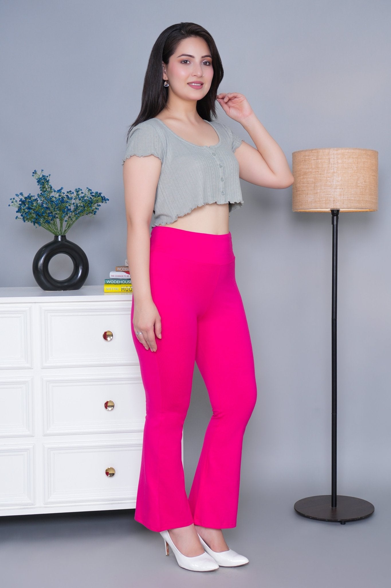 Pink stretchable biowash cotton lycra legging pants with superior elastic belt. - Cotton flare