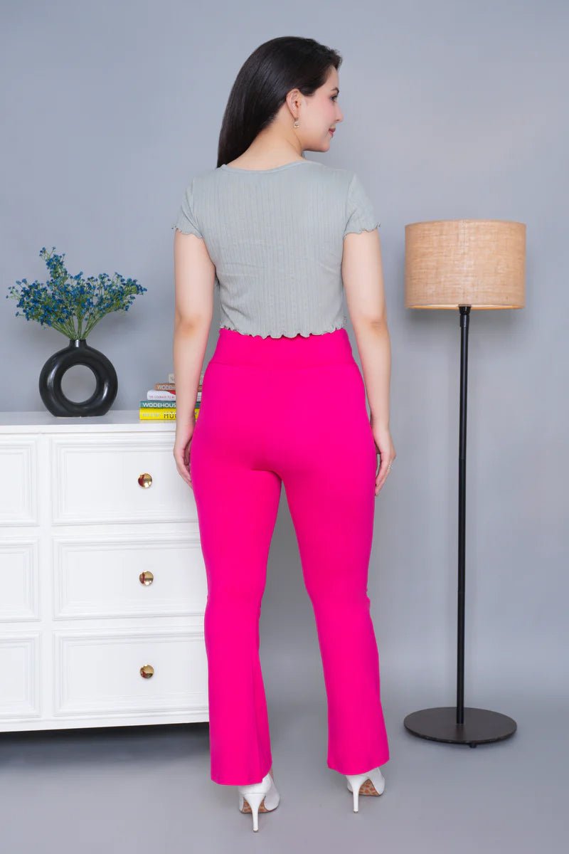 Pink stretchable biowash cotton lycra legging pants with superior elastic belt. -Cotton flare
