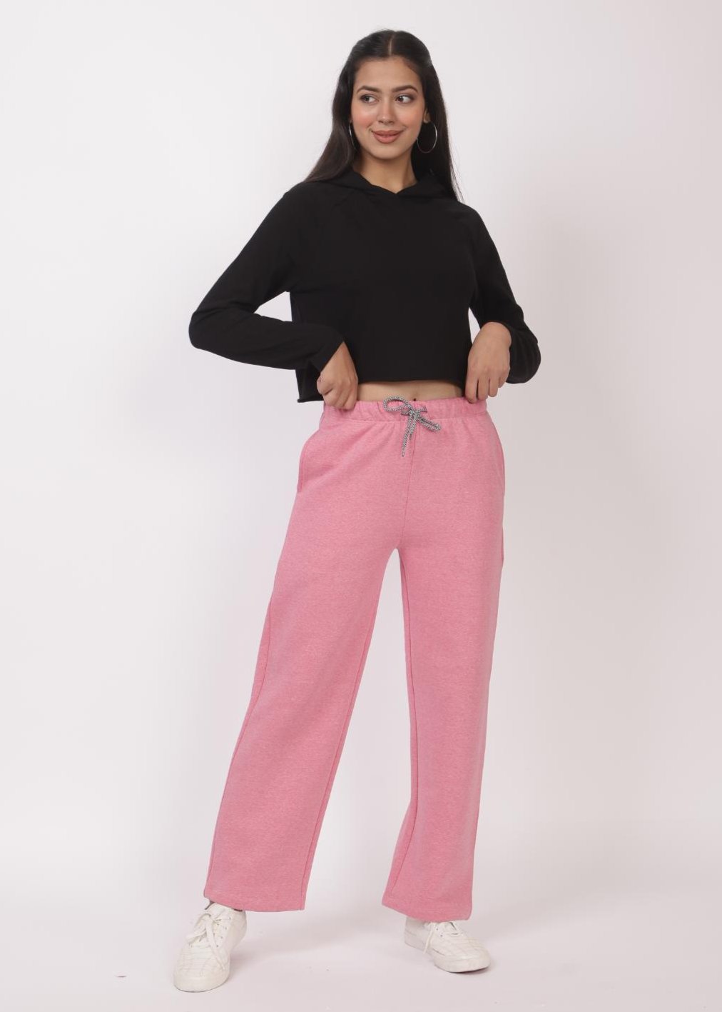 Pink stretchable biowash USA HQ winter fleece cotton flare pants with superior elastic belt. - Winter flare pant