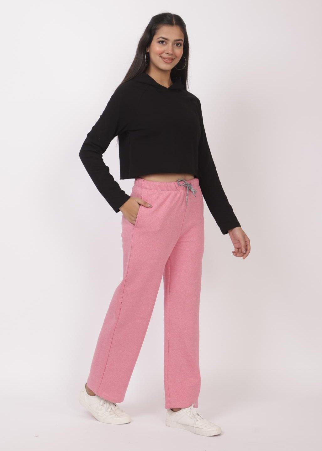 Pink stretchable biowash USA HQ winter fleece cotton flare pants with superior elastic belt. - Winter flare pant