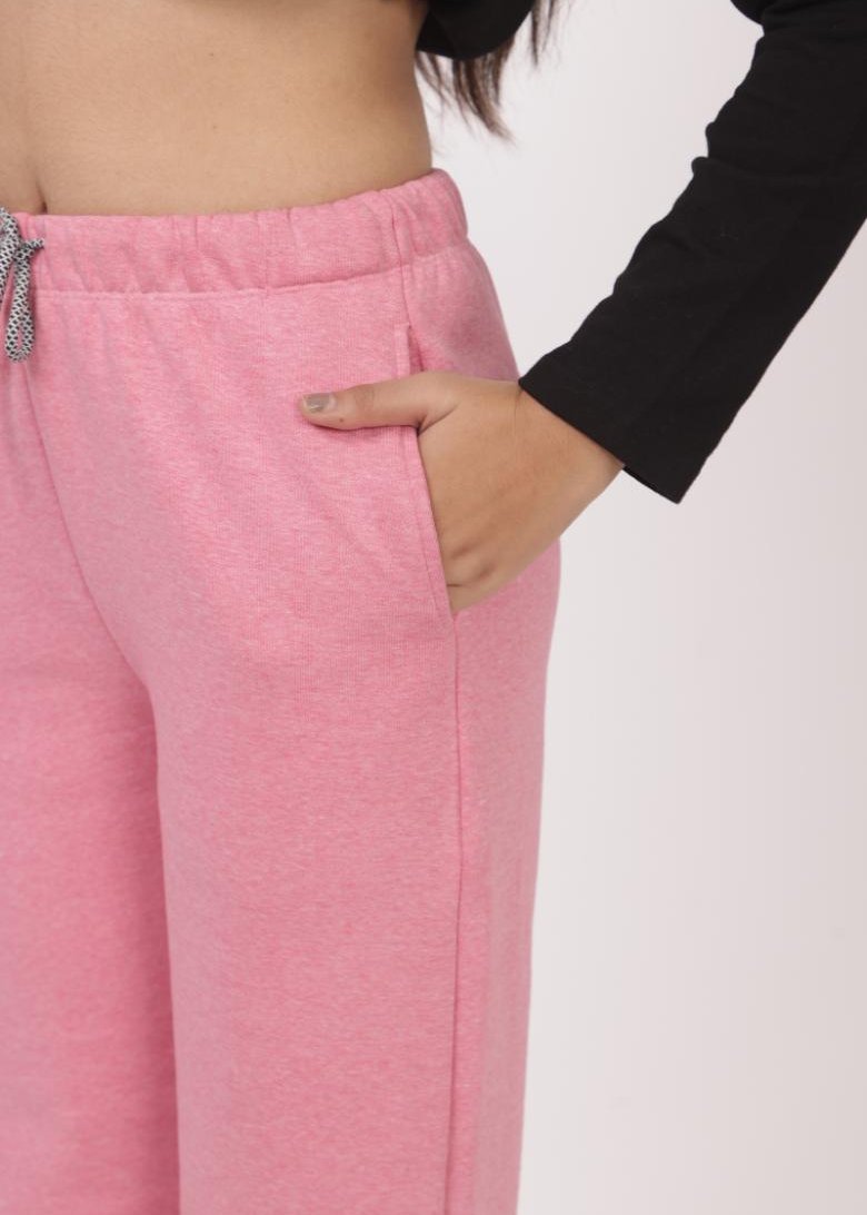 Pink stretchable biowash USA HQ winter fleece cotton flare pants with superior elastic belt. - Winter flare pant