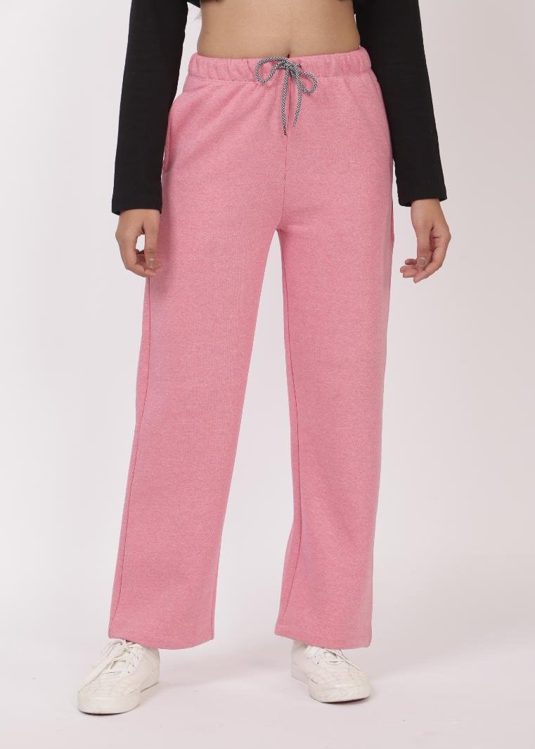 Pink stretchable biowash USA HQ winter fleece cotton flare pants with superior elastic belt. - Winter flare pant