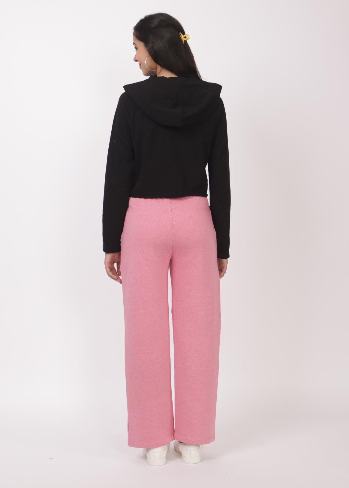 Pink stretchable biowash USA HQ winter fleece cotton flare pants with superior elastic belt. - Winter flare pant