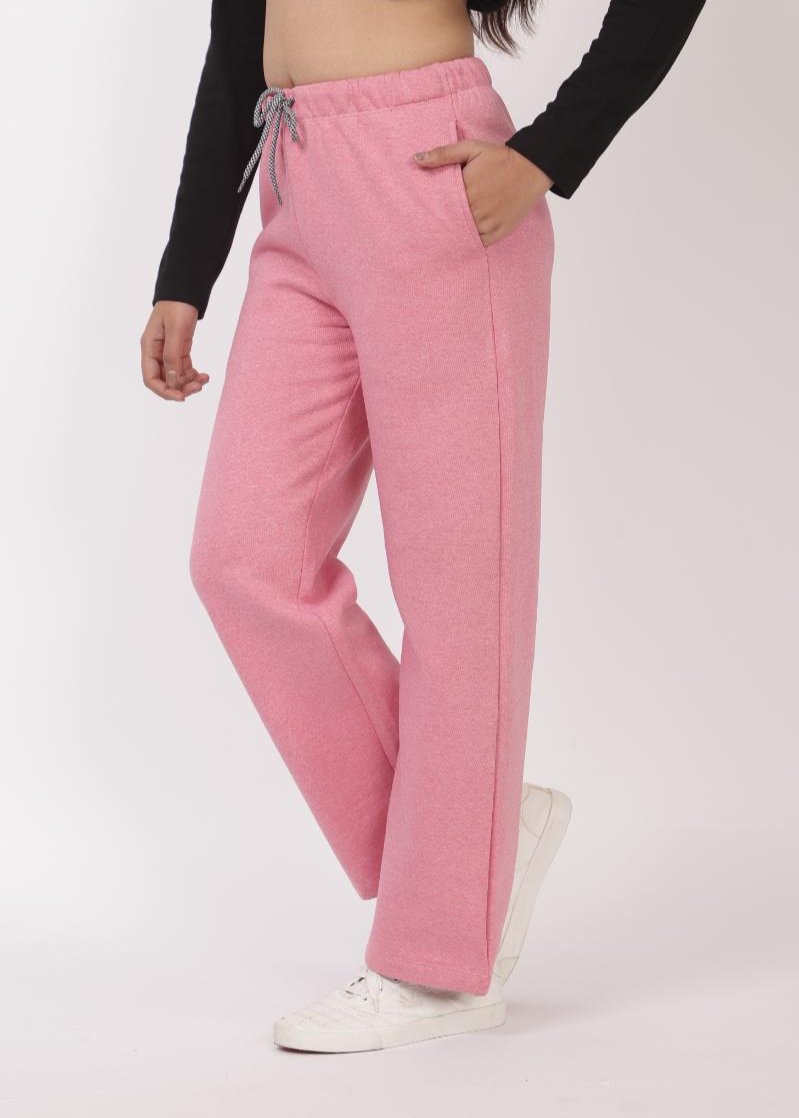 Pink stretchable biowash USA HQ winter fleece cotton flare pants with superior elastic belt. - Winter flare pant