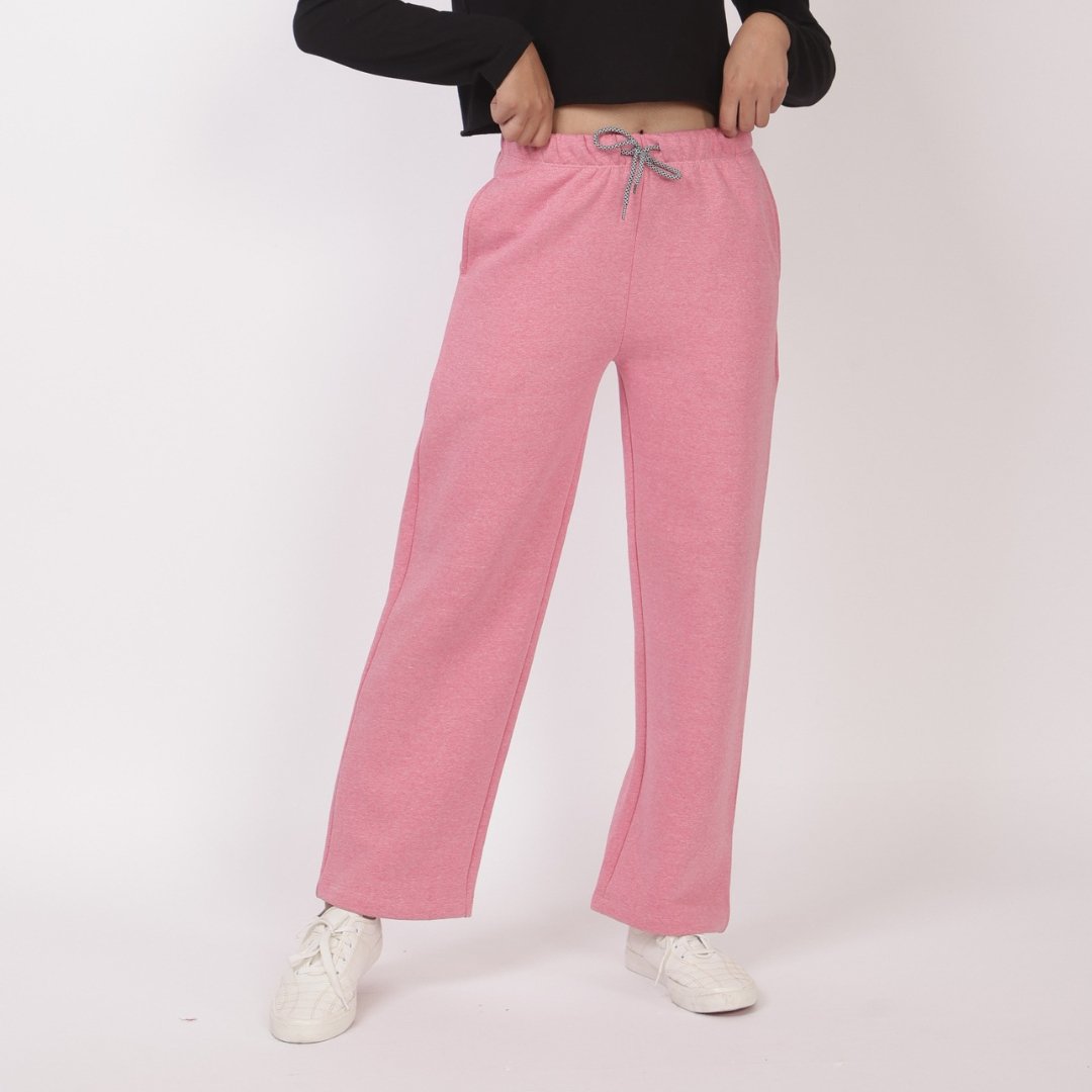 Pink stretchable biowash USA HQ winter fleece cotton flare pants with superior elastic belt. - Winter flare pant