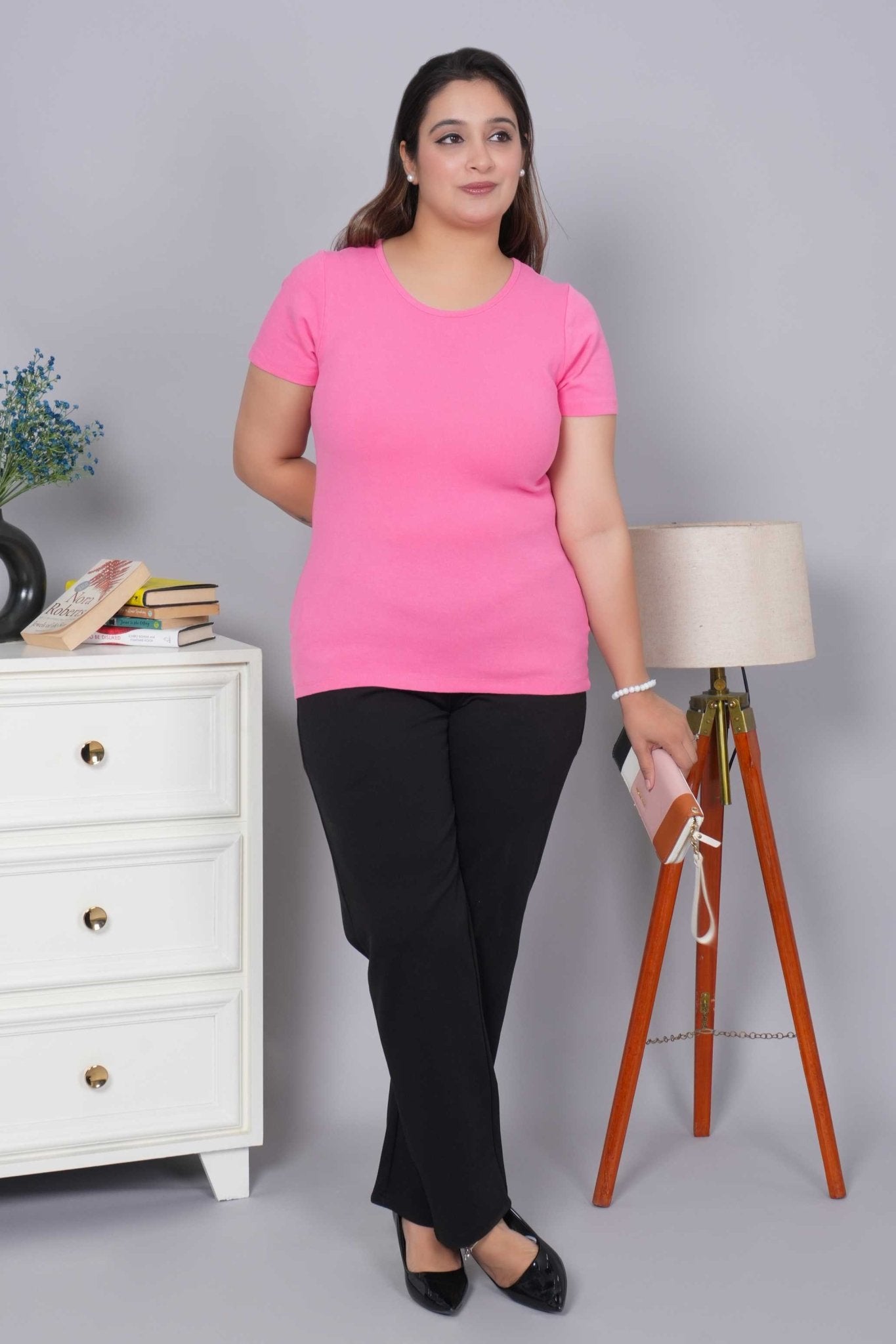 Pink Stretchable Rib T Shirt [ 100% USA HQ Cotton, 280 GSM non transparent fabric ] - Rib t shirt