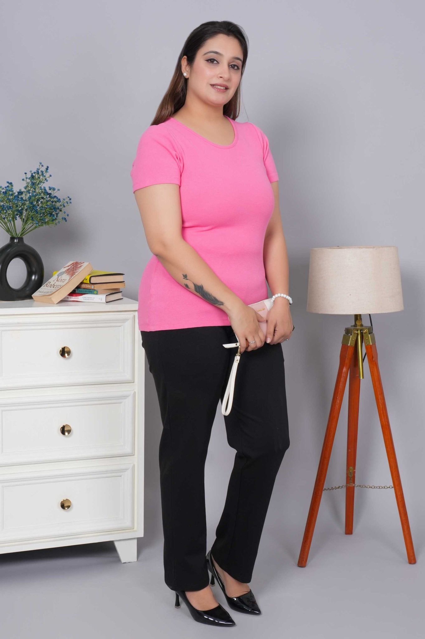 Pink Stretchable Rib T Shirt [ 100% USA HQ Cotton, 280 GSM non transparent fabric ] - Rib t shirt