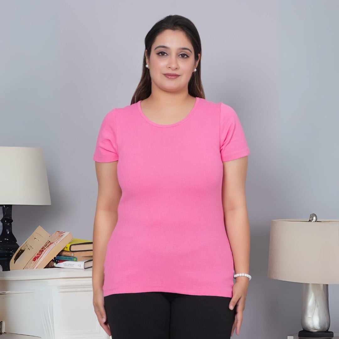Pink Stretchable Rib T Shirt [ 100% USA HQ Cotton, 280 GSM non transparent fabric ] - Rib t shirt