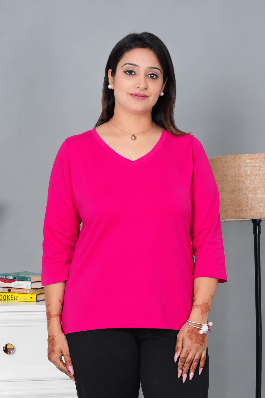 Pink V-neck cotton 3/4 sleeve t-shirt -Full sleeve v neck cotton t shirt