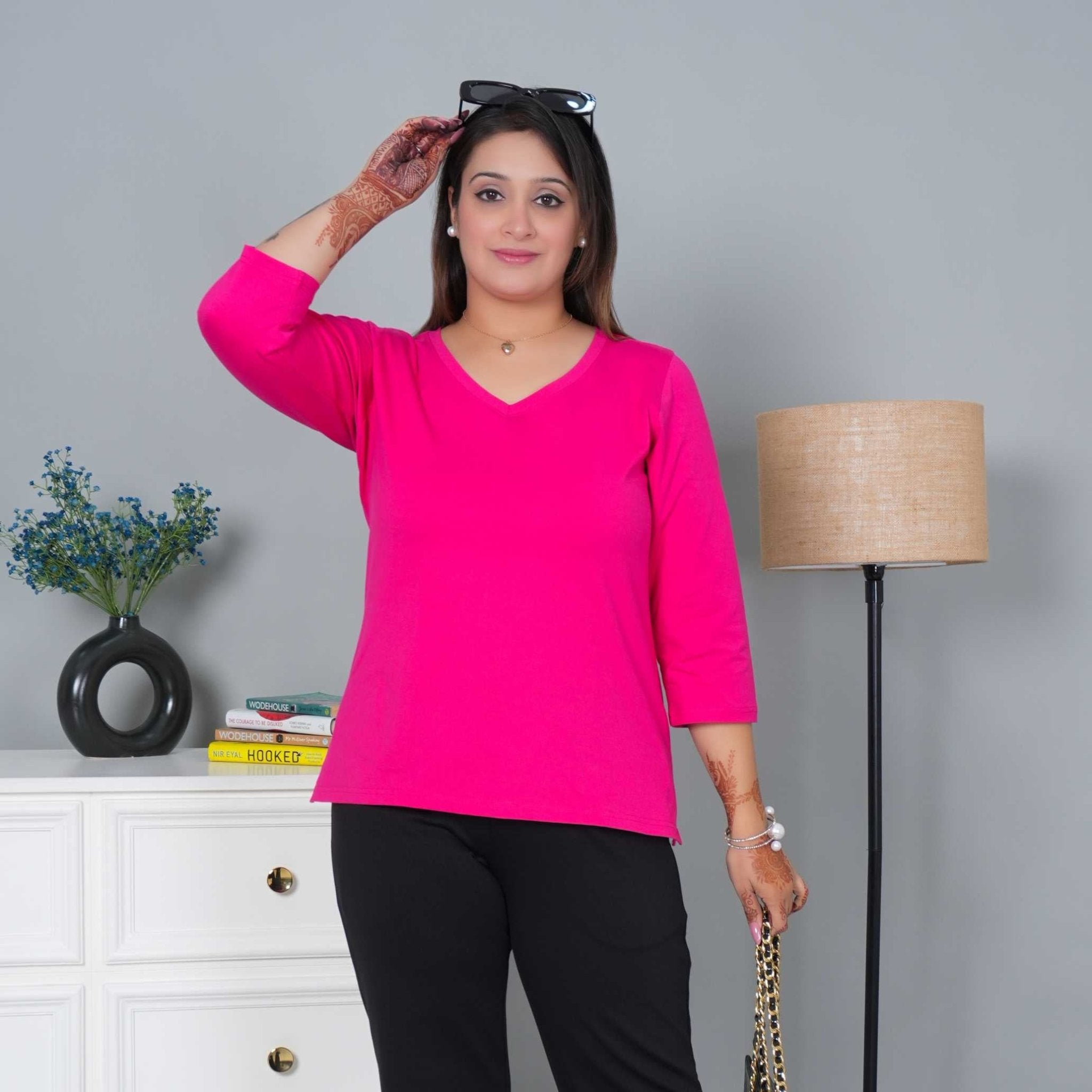 Pink V - neck cotton 3/4 sleeve t-shirt - Full sleeve v neck cotton t shirt