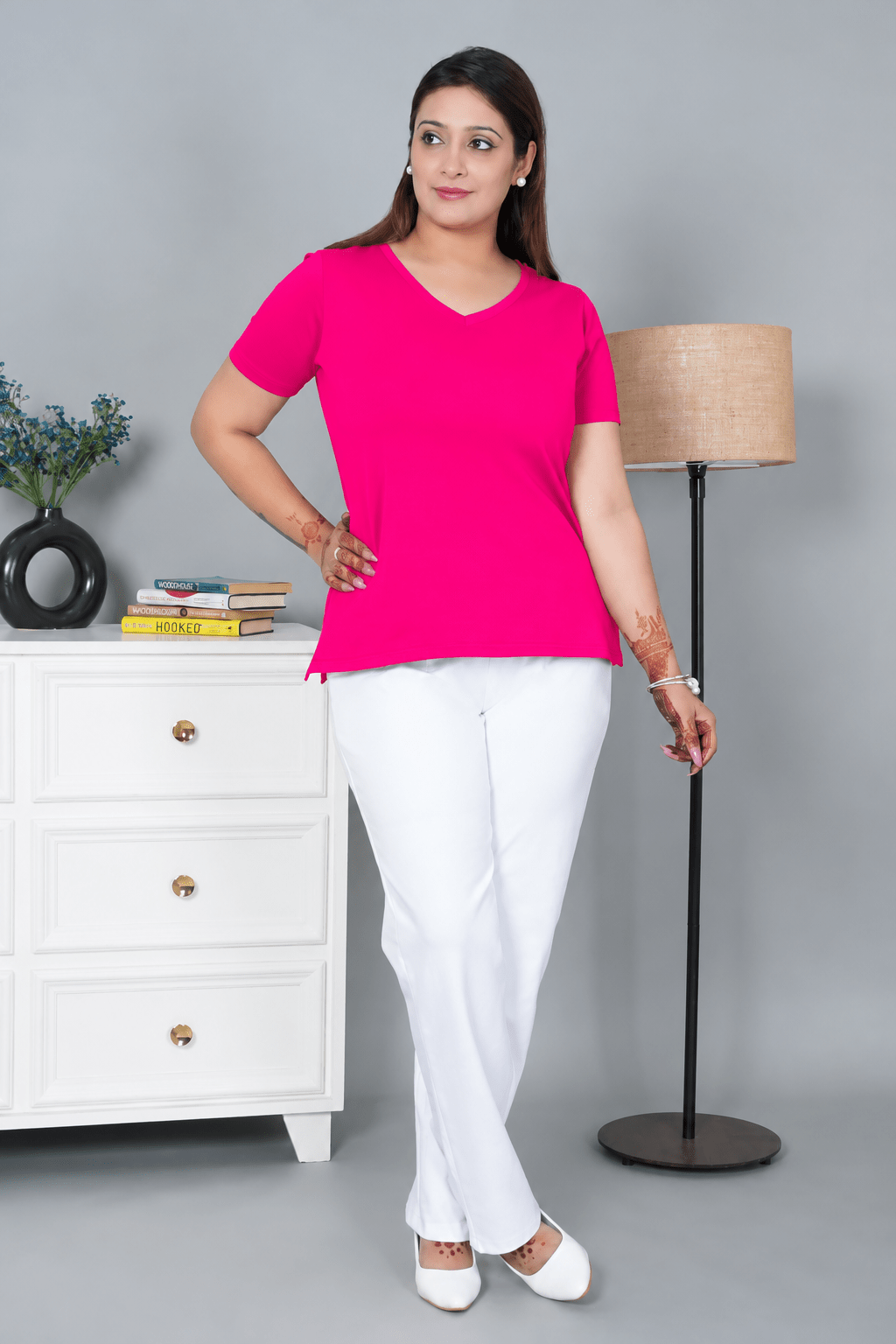 Pink V-neck half-sleeve cotton lycra t-shirt -Cotton half sleeve v neck t-shirt