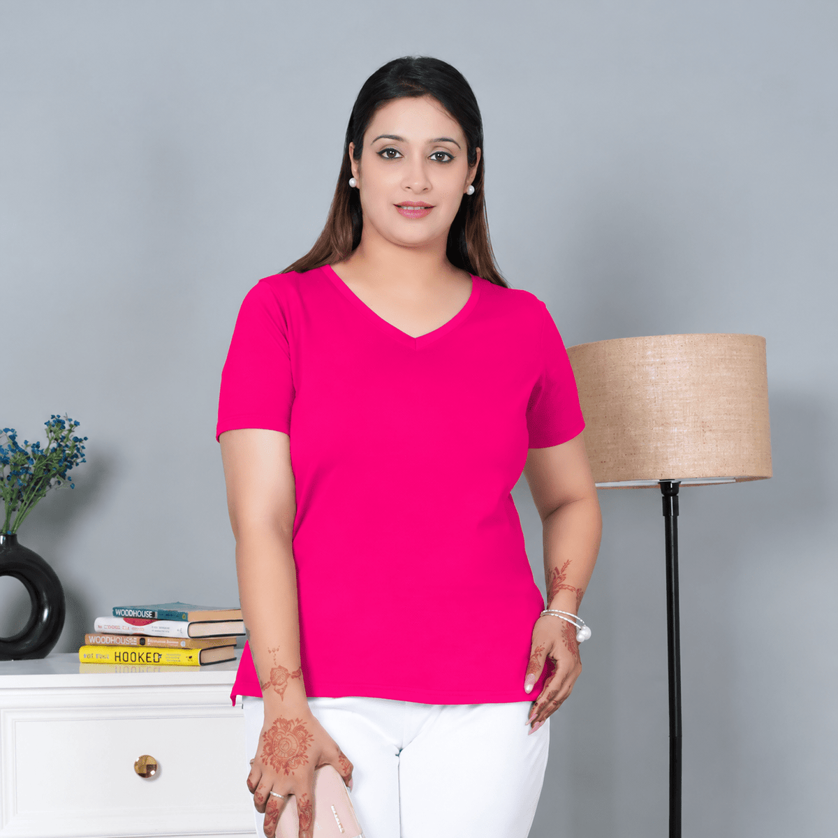 Pink V-neck half-sleeve cotton lycra t-shirt -Cotton half sleeve v neck t-shirt