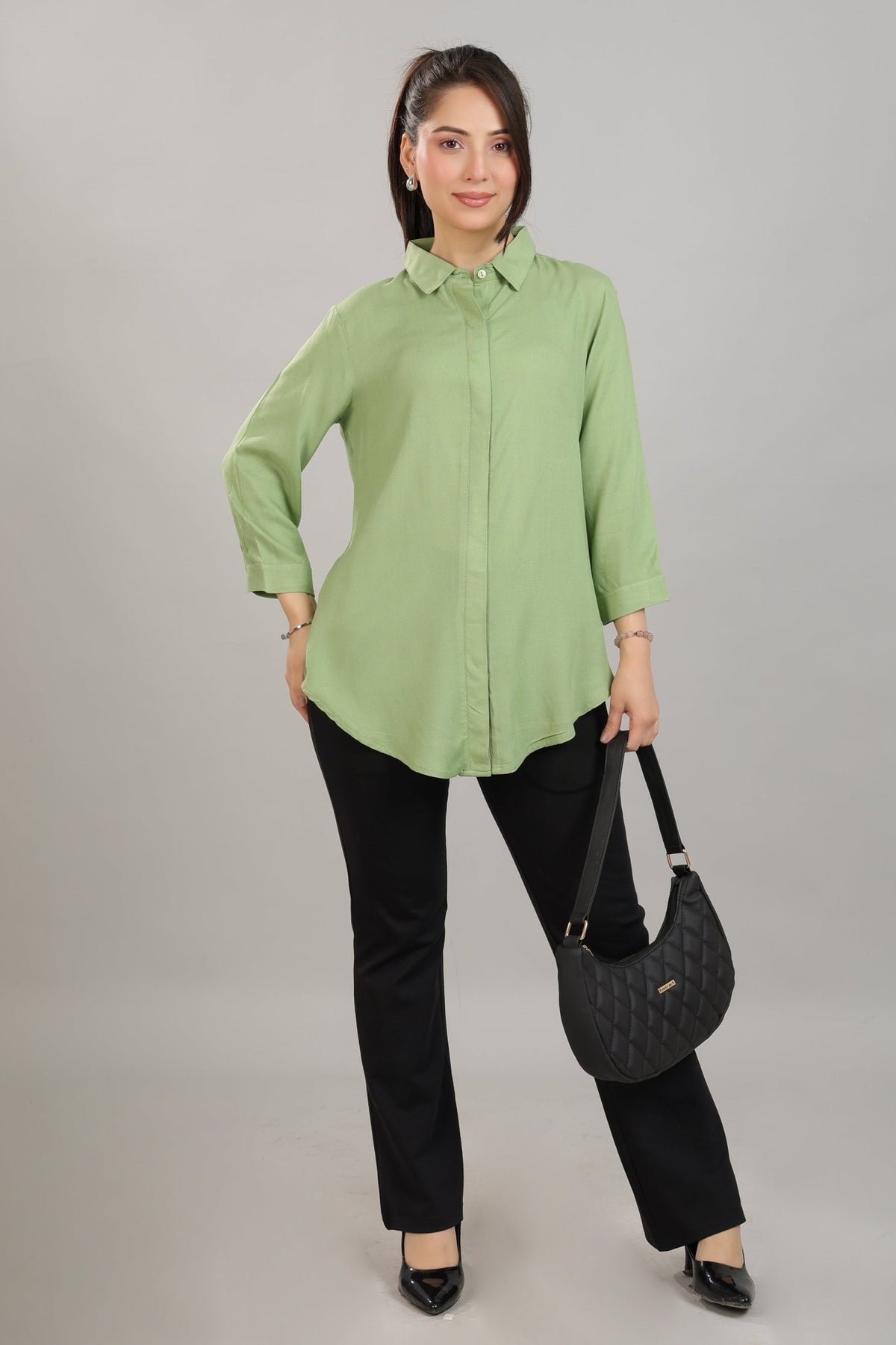 Pista green long hemline shirt [ 100% Rayon, Liva Certified ] -Long hemline shirt