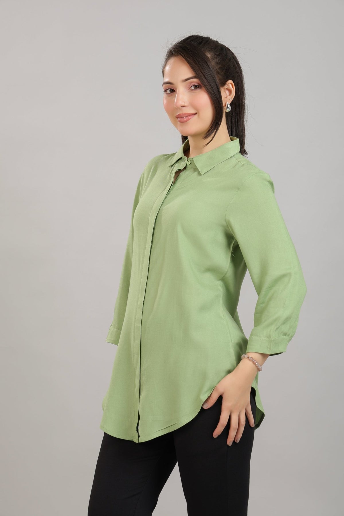 Pista green long hemline shirt [ 100% Rayon, Liva Certified ] -Long hemline shirt