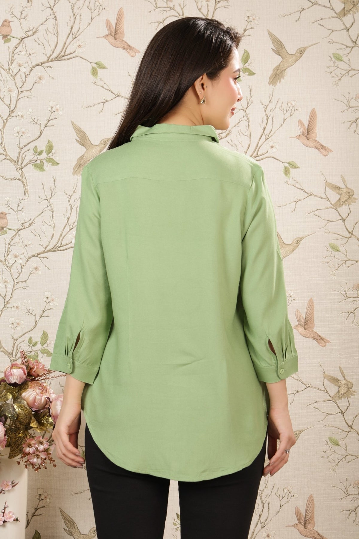 Pista green long hemline shirt [ 100% Rayon, Liva Certified ] -Long hemline shirt