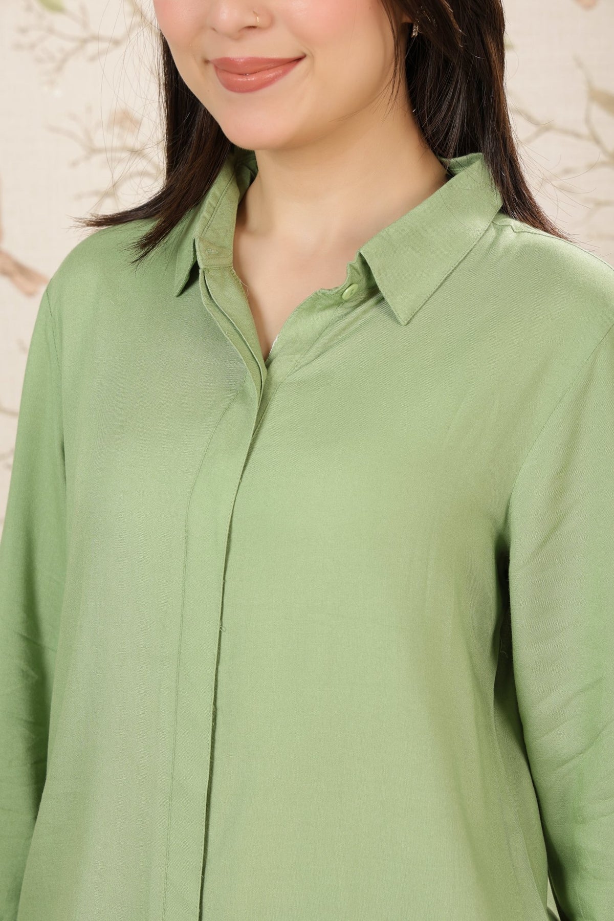 Pista green long hemline shirt [ 100% Rayon, Liva Certified ] -Long hemline shirt