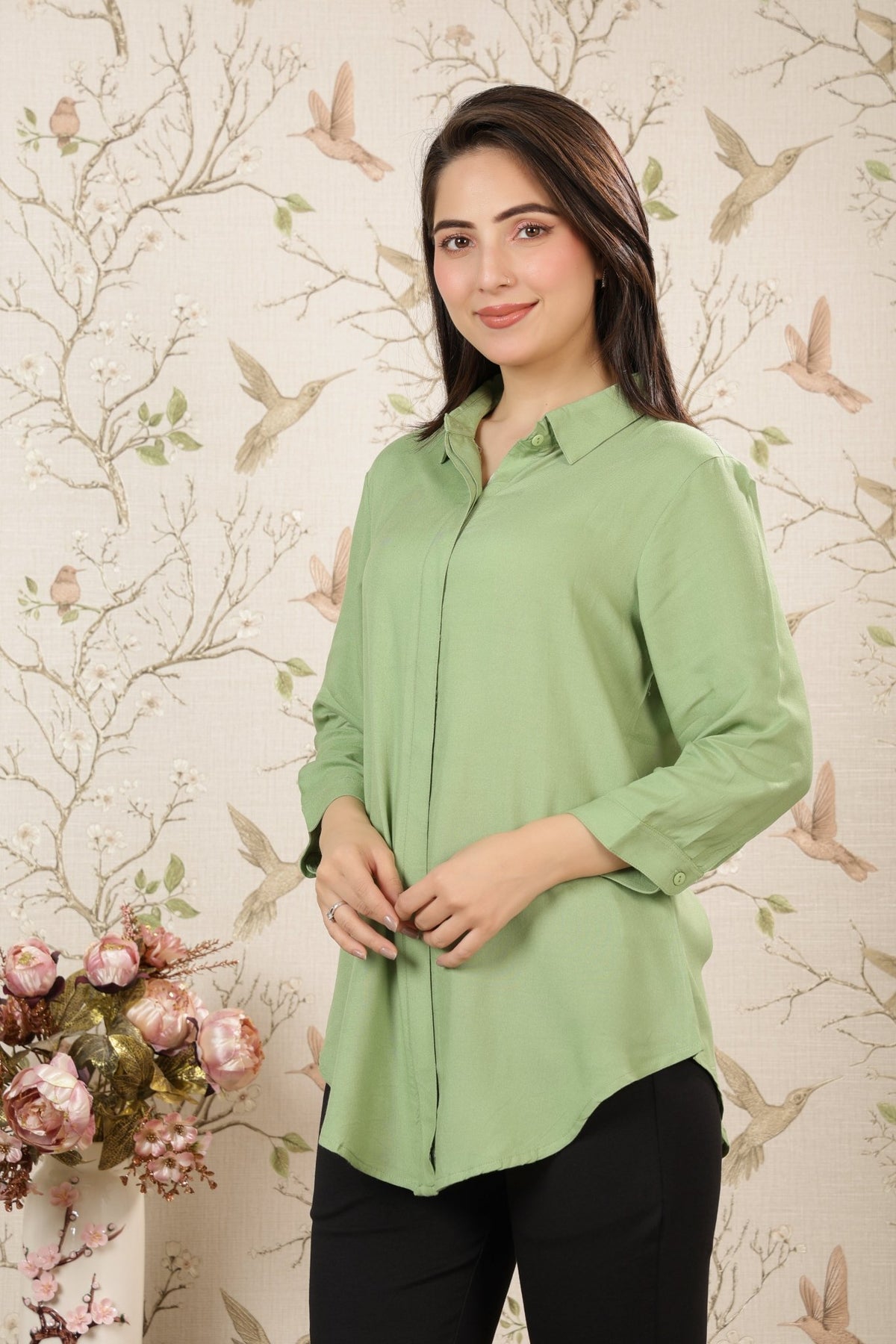 Pista green long hemline shirt [ 100% Rayon, Liva Certified ] -Long hemline shirt