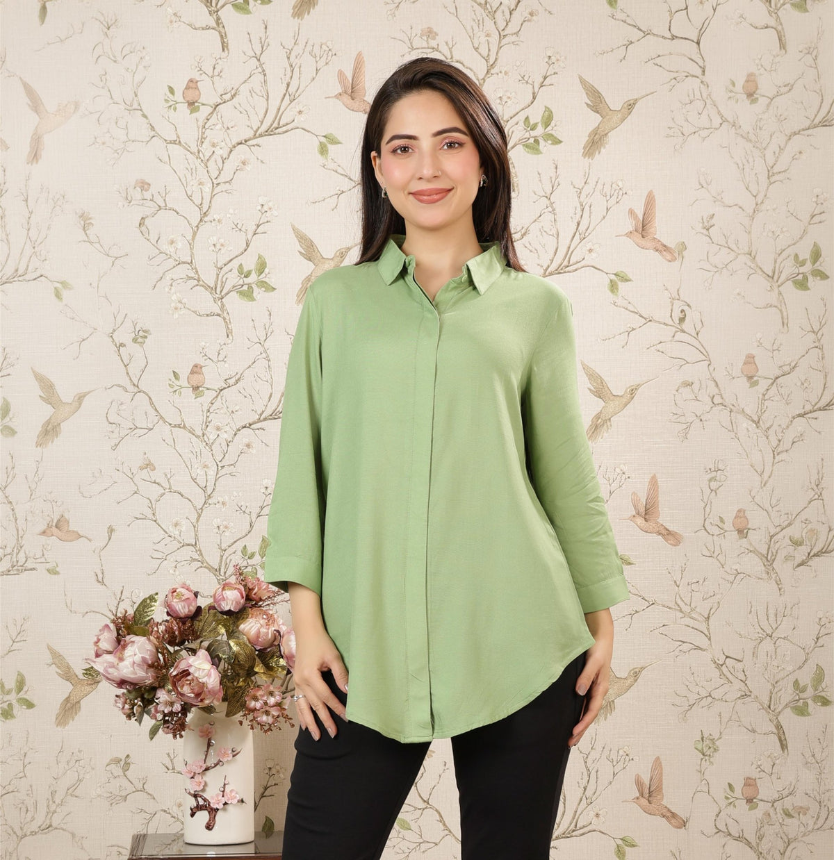 Pista green long hemline shirt [ 100% Rayon, Liva Certified ] -Long hemline shirt