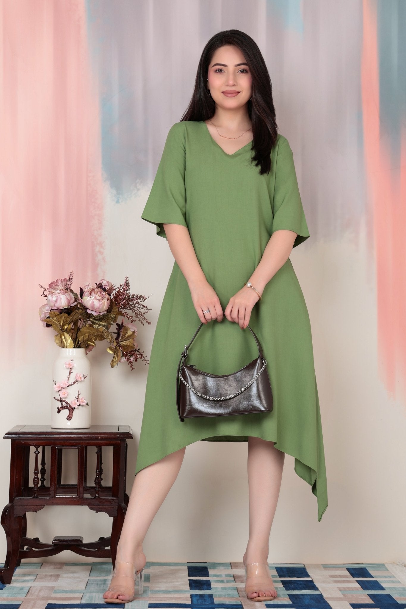 Pista v-neck line dress with sleeves [ Premium 100% Rayon, Liva Certified ] -Rayon flare dress with pocket
