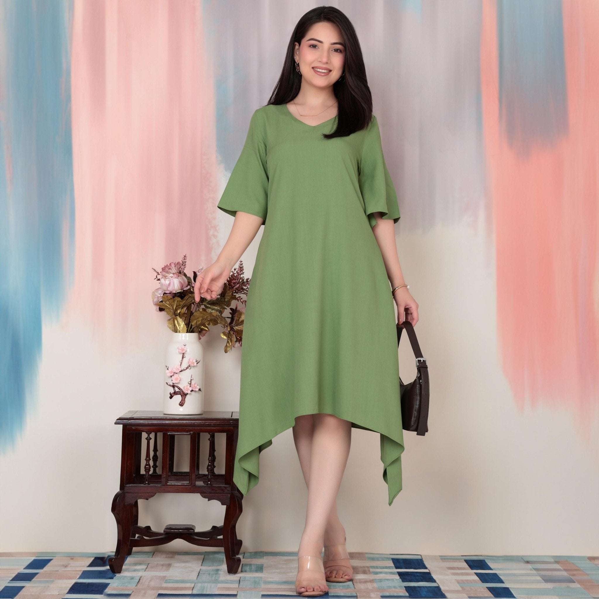 Pista v-neck line dress with sleeves [ Premium 100% Rayon, Liva Certified ] -Rayon flare dress with pocket