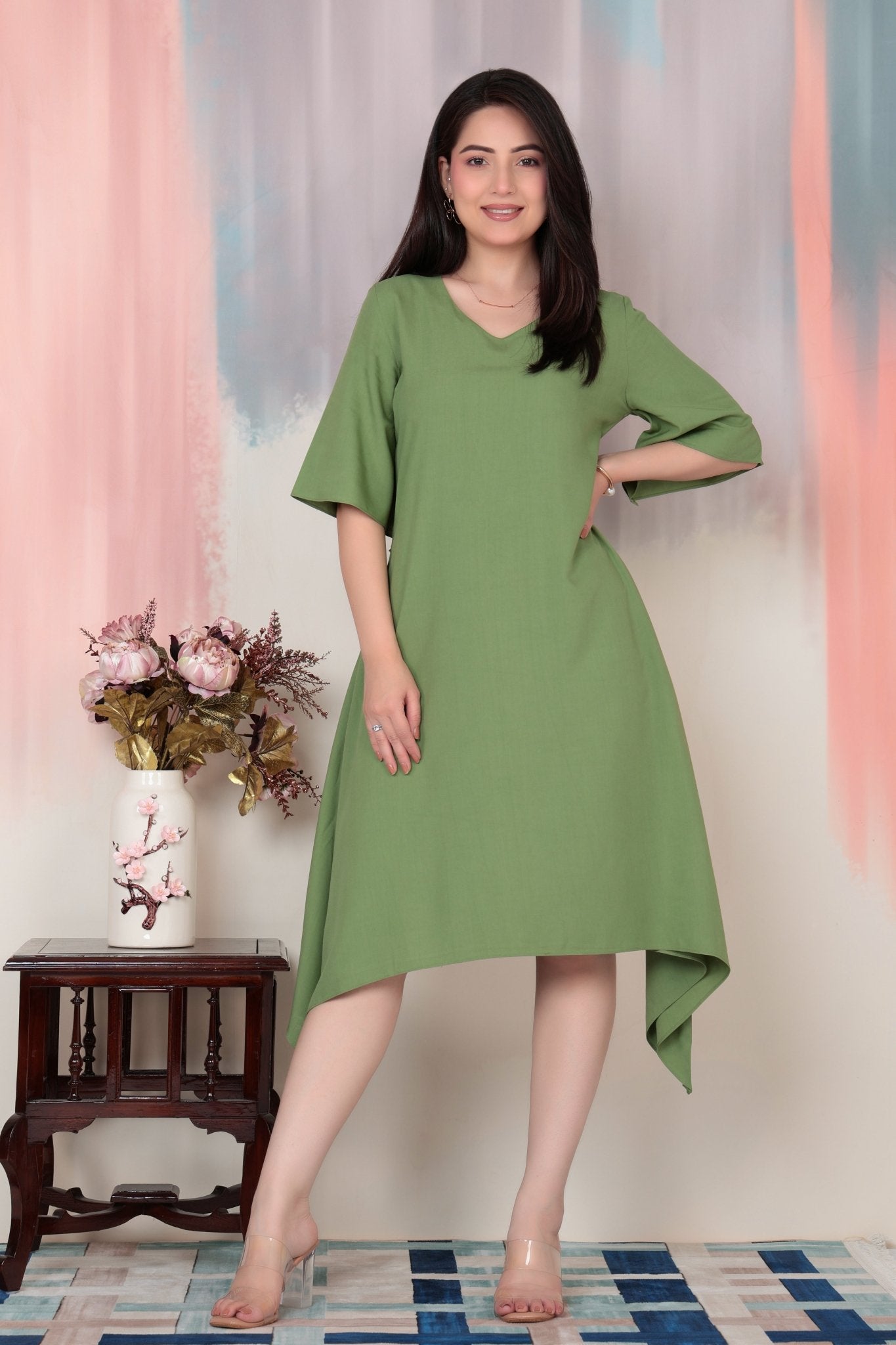 Pista v-neck line dress with sleeves [ Premium 100% Rayon, Liva Certified ] -Rayon flare dress with pocket