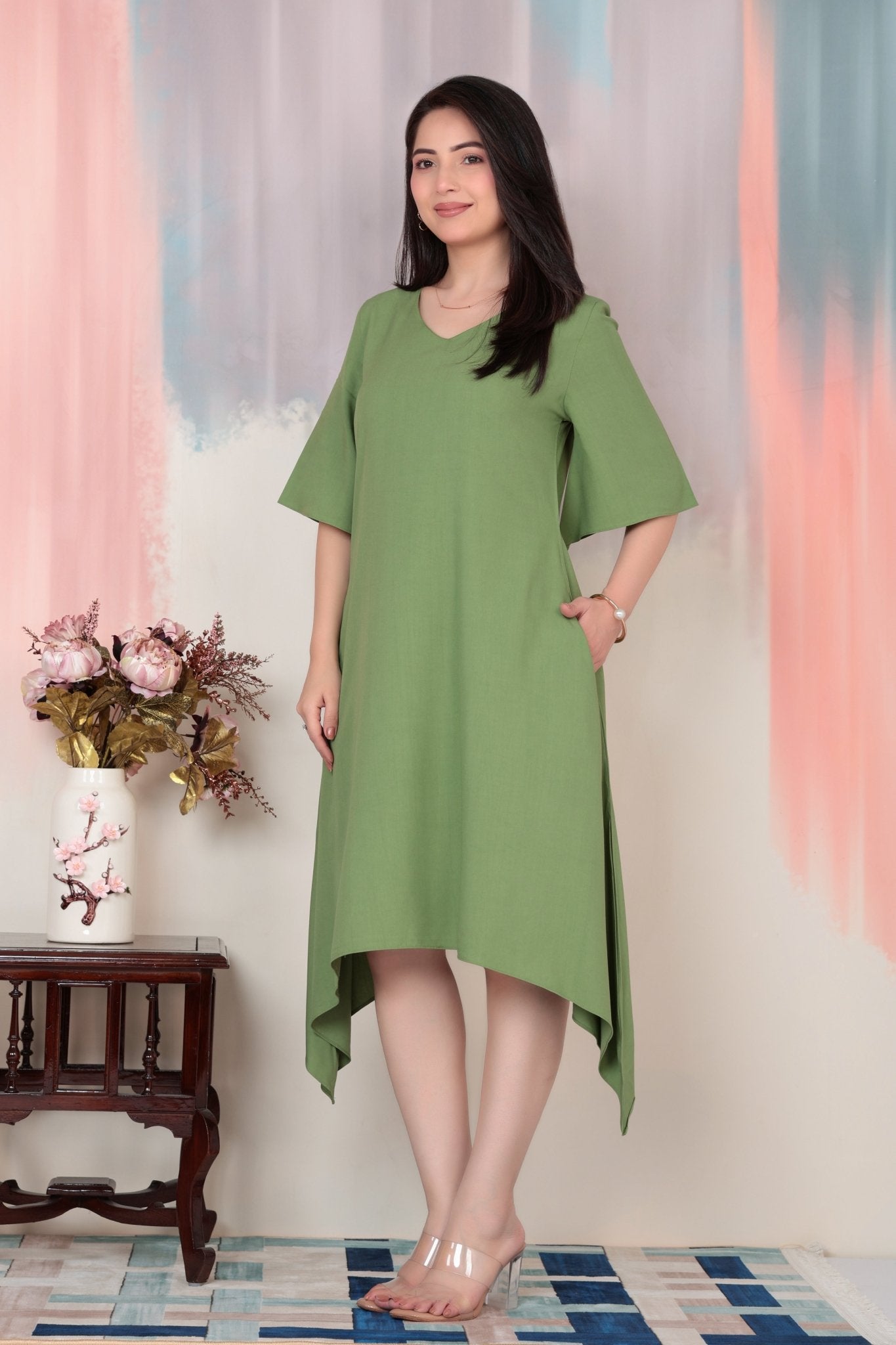 Pista v-neck line dress with sleeves [ Premium 100% Rayon, Liva Certified ] -Rayon flare dress with pocket