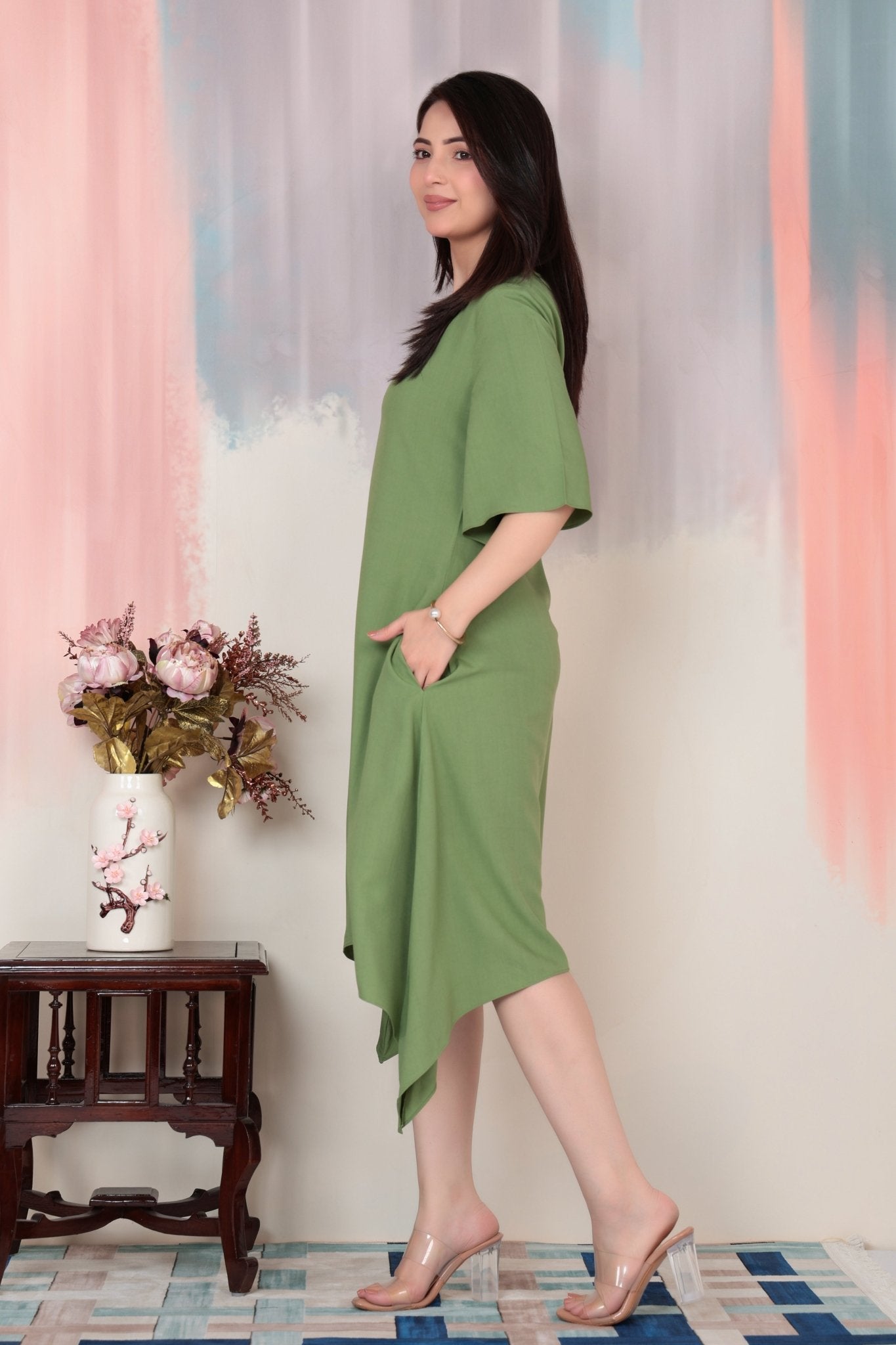 Pista v-neck line dress with sleeves [ Premium 100% Rayon, Liva Certified ] -Rayon flare dress with pocket