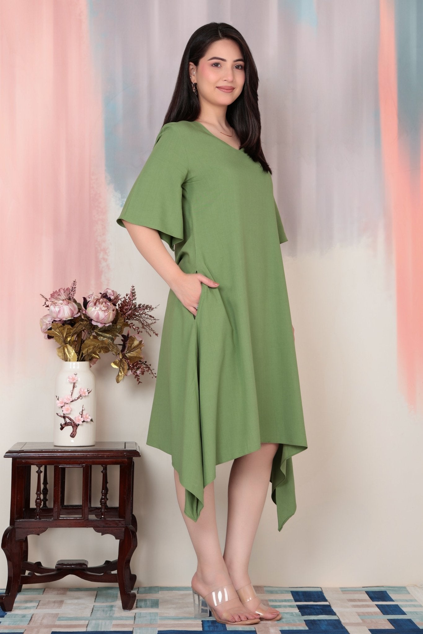 Pista v-neck line dress with sleeves [ Premium 100% Rayon, Liva Certified ] -Rayon flare dress with pocket