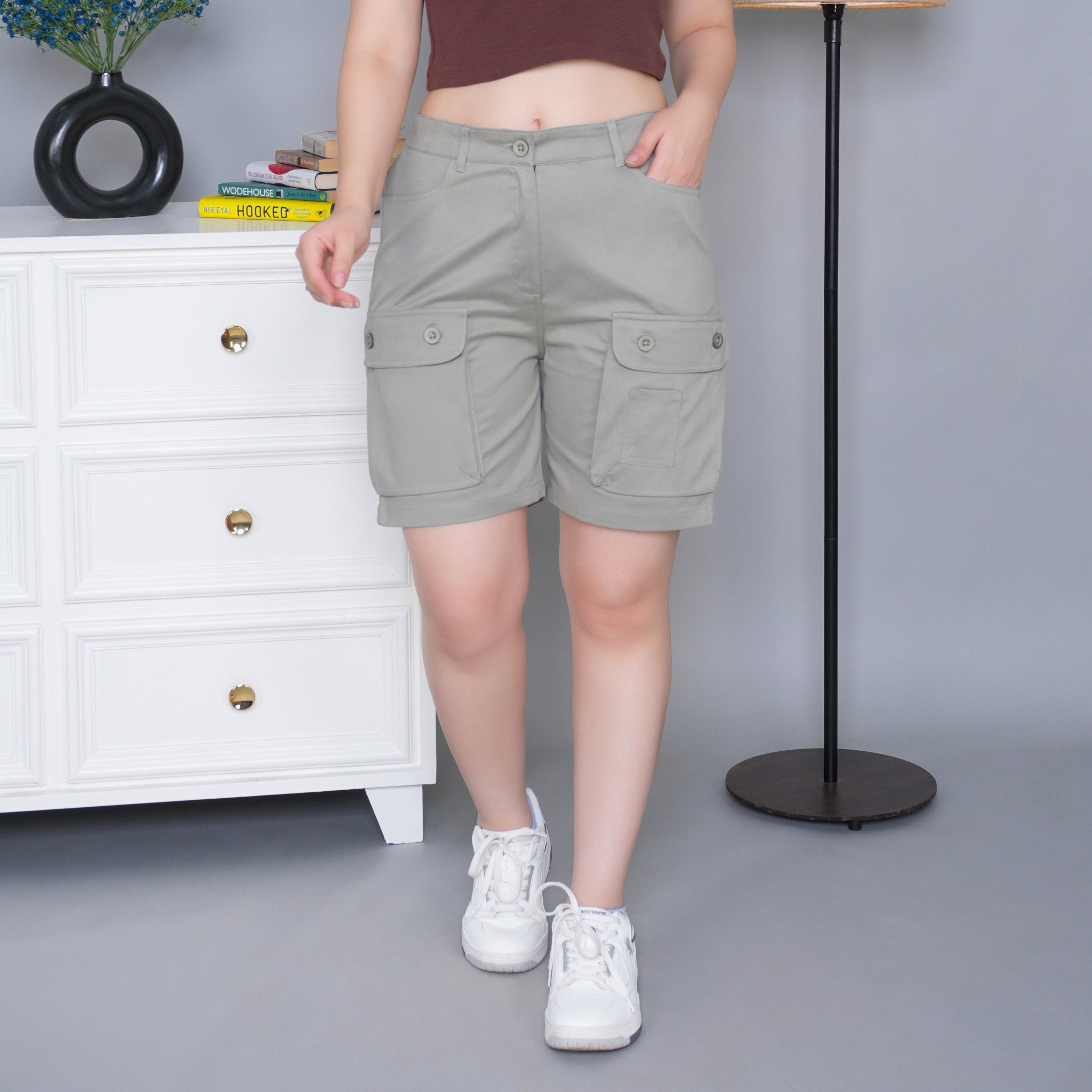 Pistachio stretchable biowash USA HQ cotton travel shorts with superior elastic belt. - Travel shorts