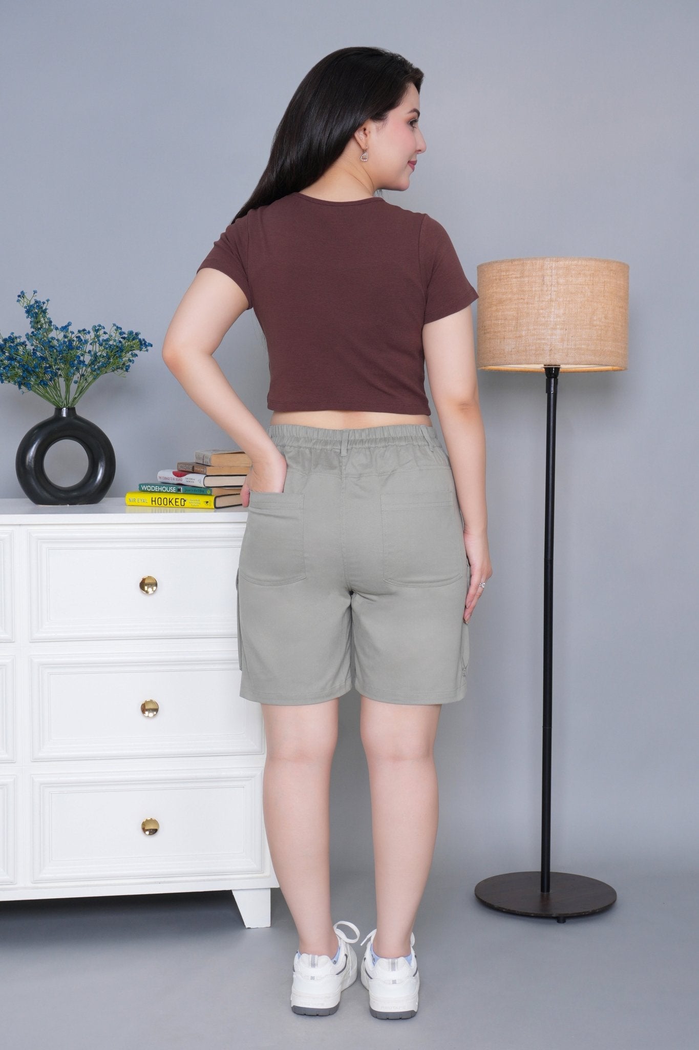 Pistachio stretchable biowash USA HQ cotton travel shorts with superior elastic belt. - Travel shorts