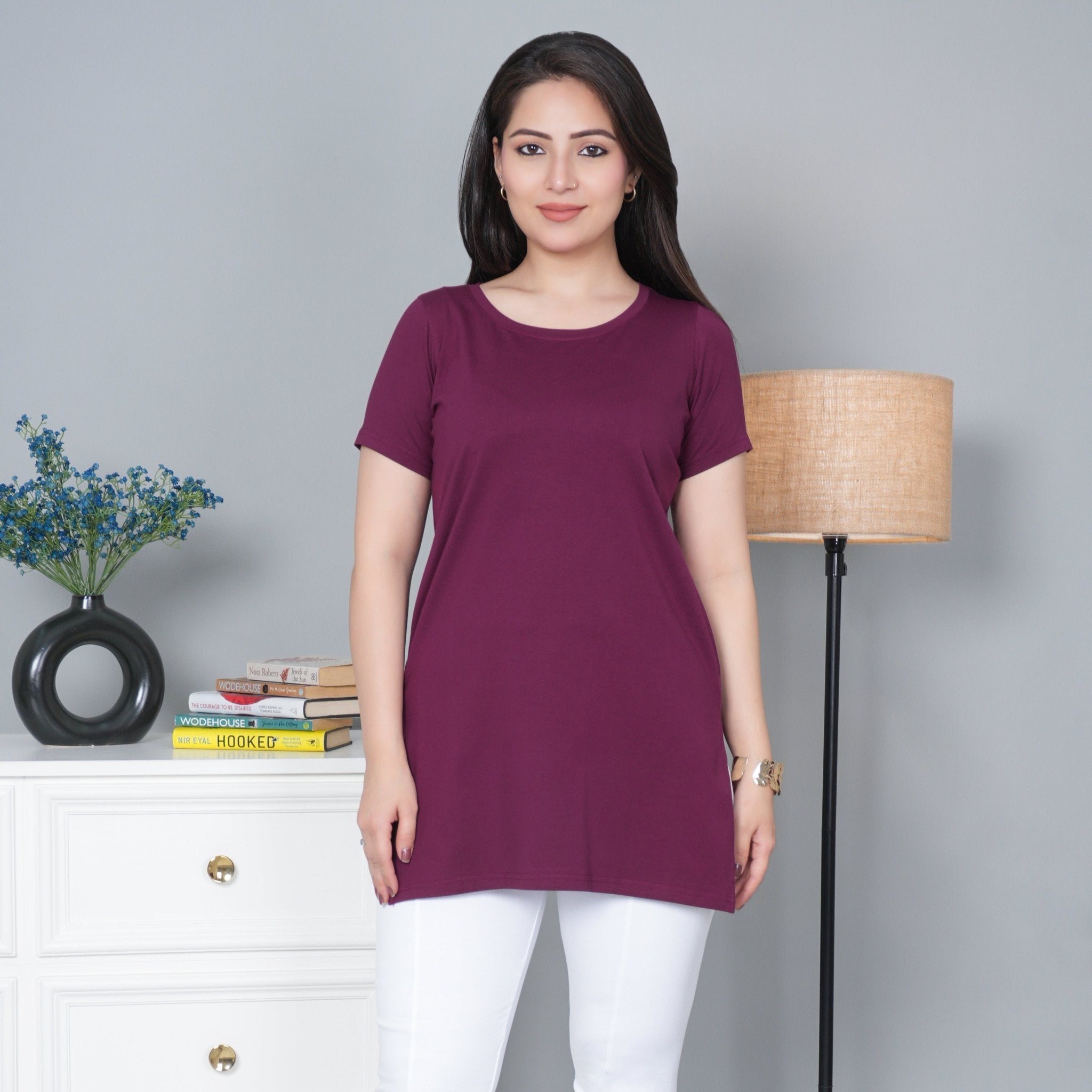 Plum long round neck cotton lycra t-shirt with pockets - Long cotton t-shirt