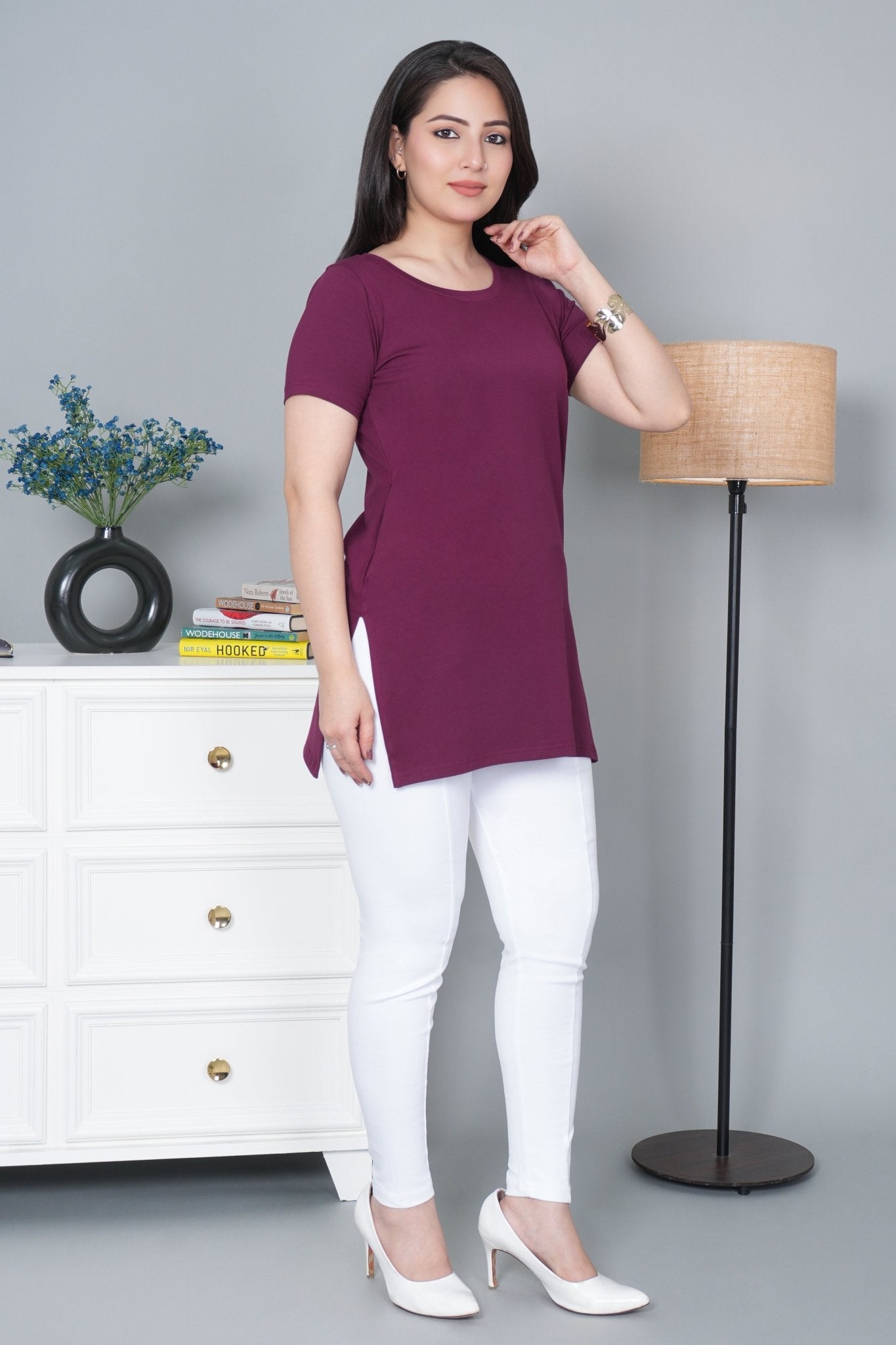 Plum long round neck cotton lycra t-shirt with pockets - Long cotton t-shirt