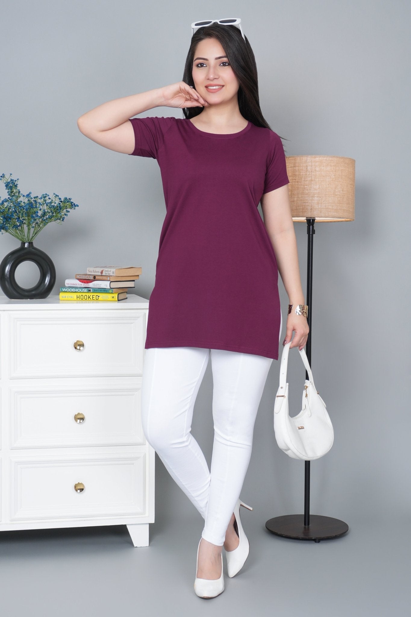 Plum long round neck cotton lycra t-shirt with pockets - Long cotton t-shirt