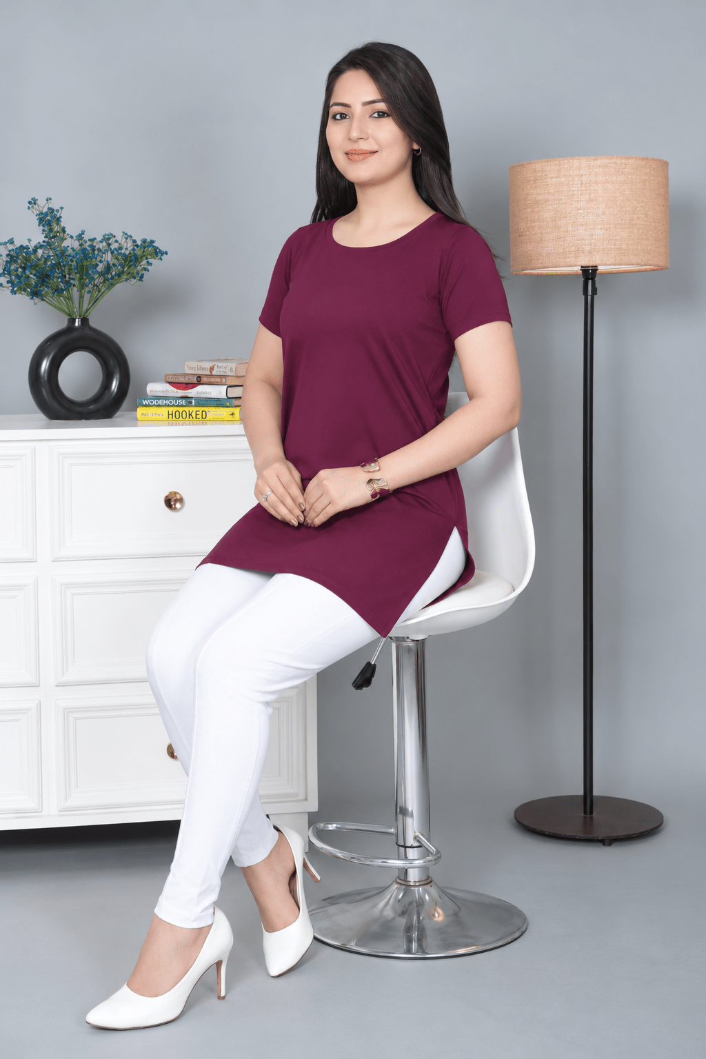 Plum long round neck cotton lycra t-shirt with pockets -Long cotton t-shirt
