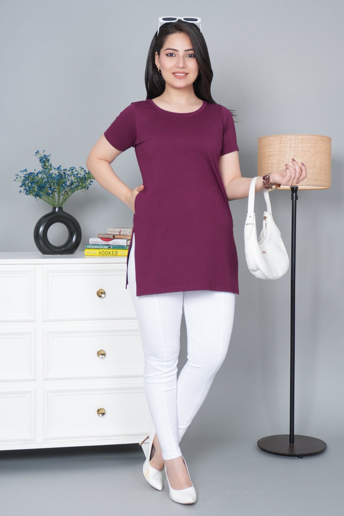 Plum long round neck cotton lycra t-shirt with pockets - Long cotton t-shirt