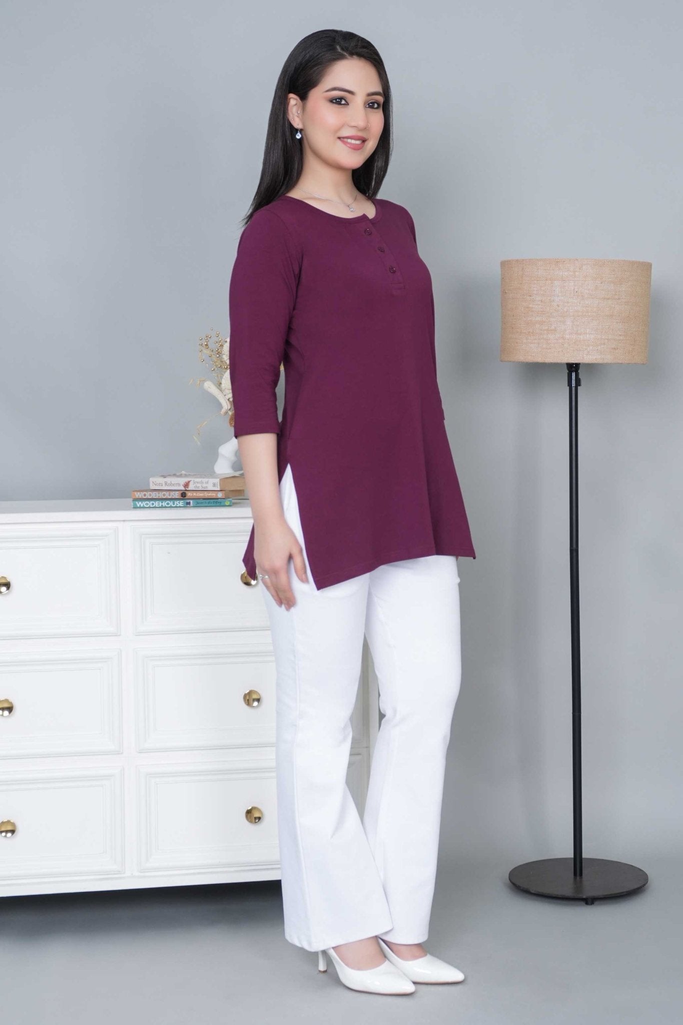 Plum long round neck henley cotton lycra t-shirt with pockets - Long cotton t-shirt