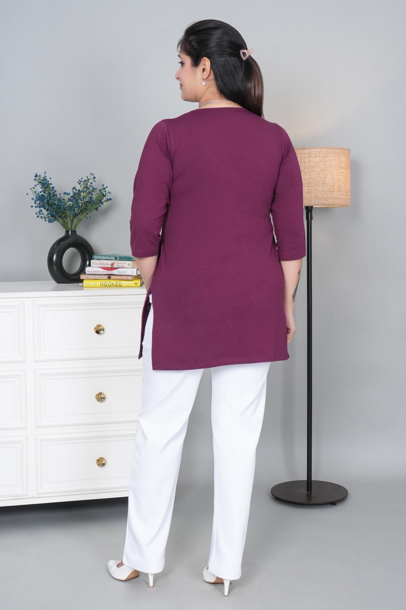 Plum long round neck henley cotton lycra t-shirt with pockets - Long cotton t-shirt