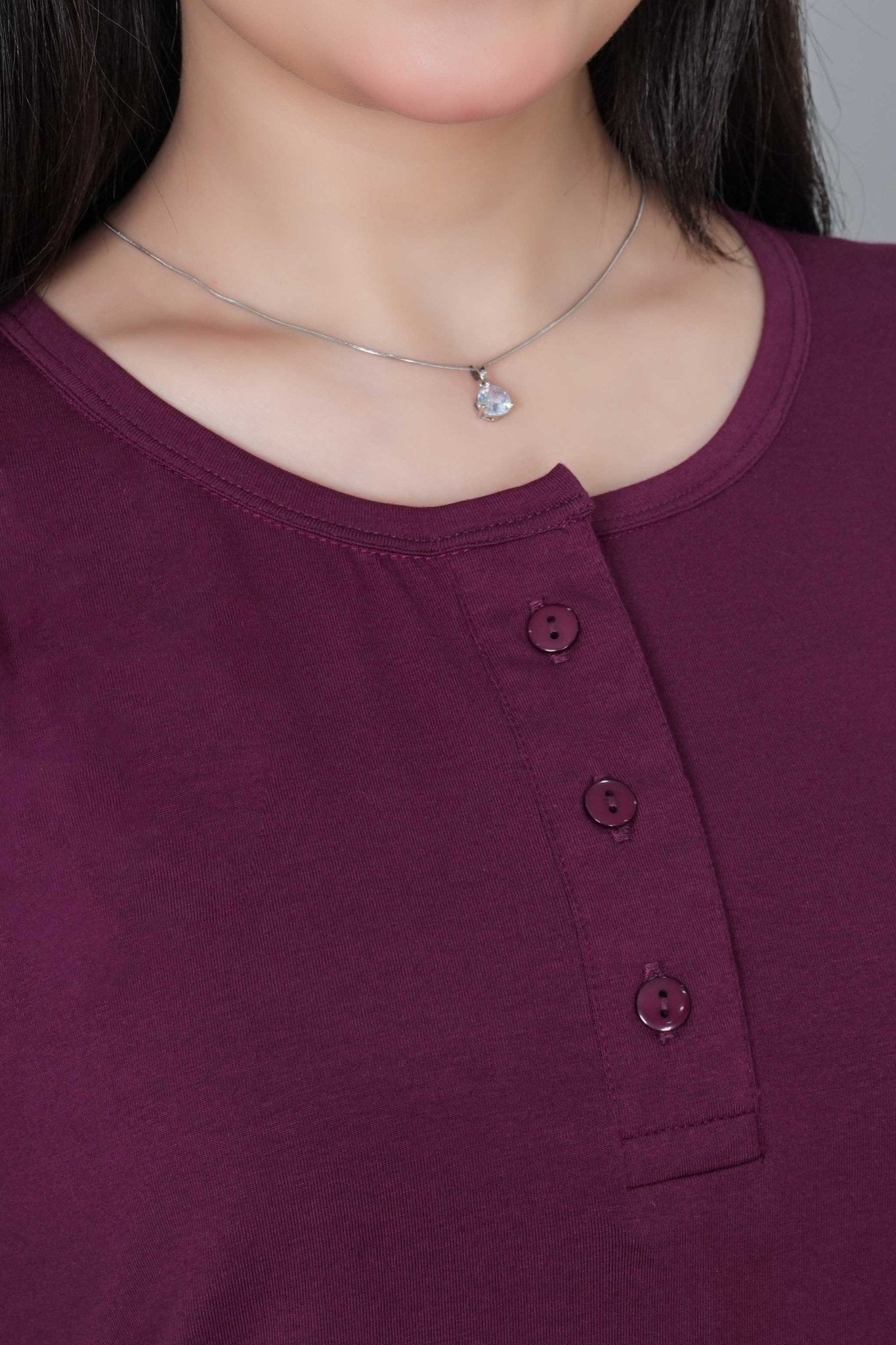 Plum long round neck henley cotton lycra t-shirt with pockets - Long cotton t-shirt