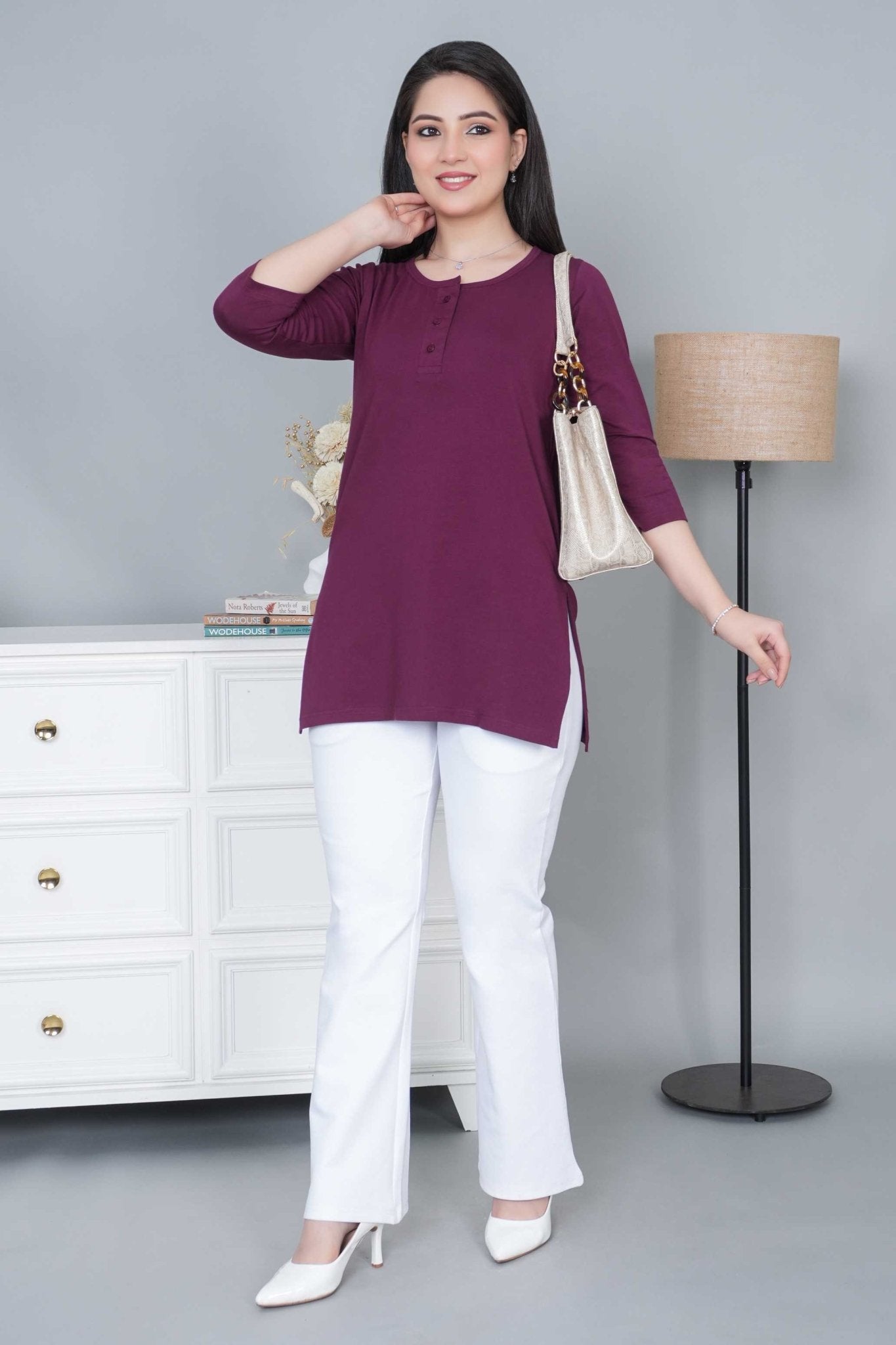 Plum long round neck henley cotton lycra t-shirt with pockets - Long cotton t-shirt