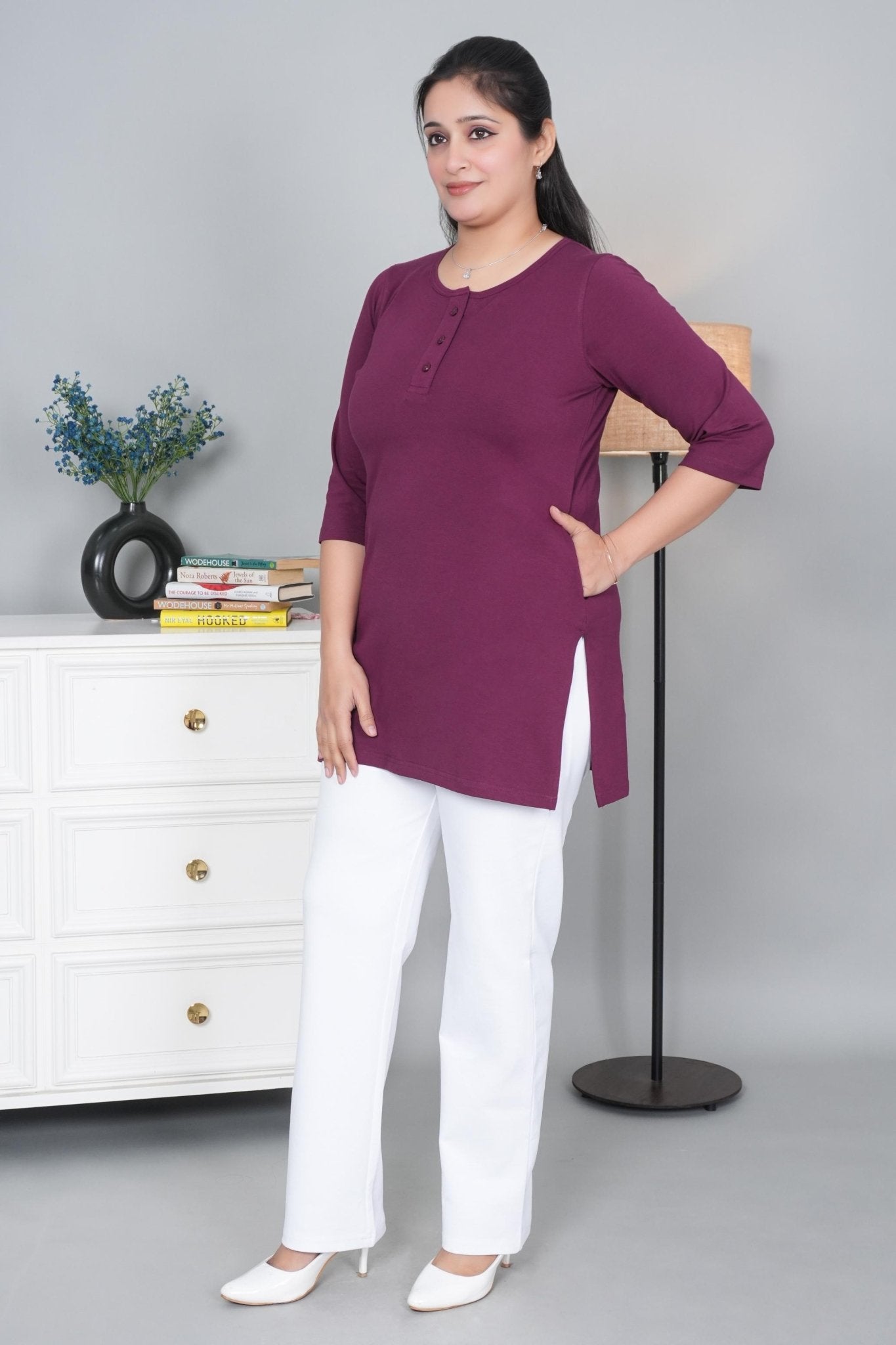 Plum long round neck henley cotton lycra t-shirt with pockets - Long cotton t-shirt