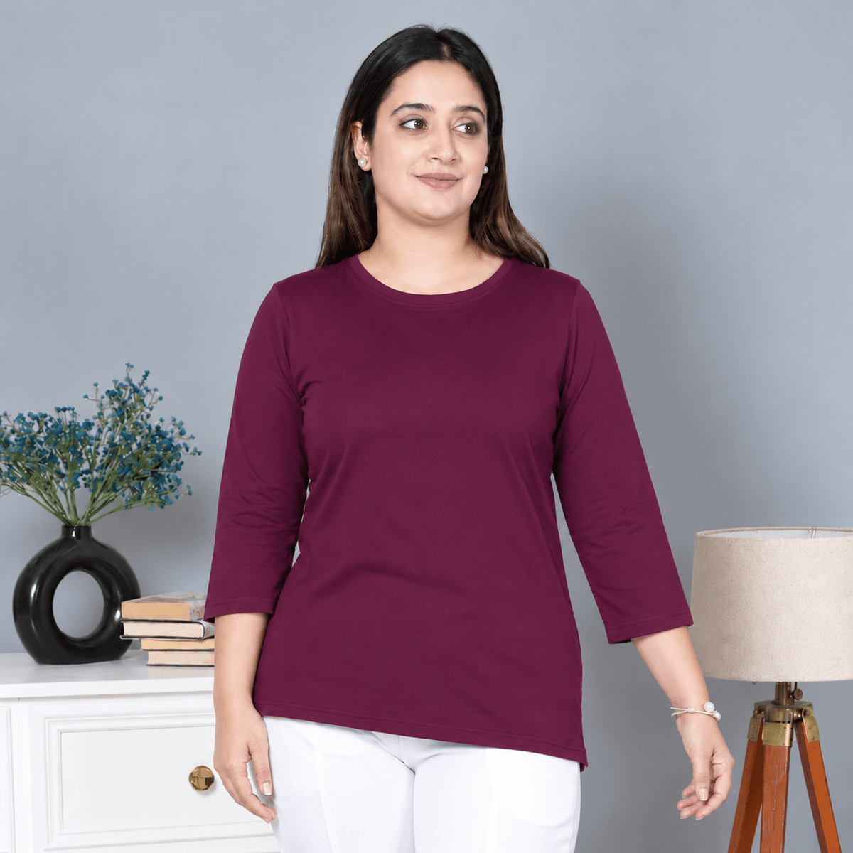 Plum Round Neck Cotton Lycra 3/4 Sleeve T Shirt -Cotton t shirt