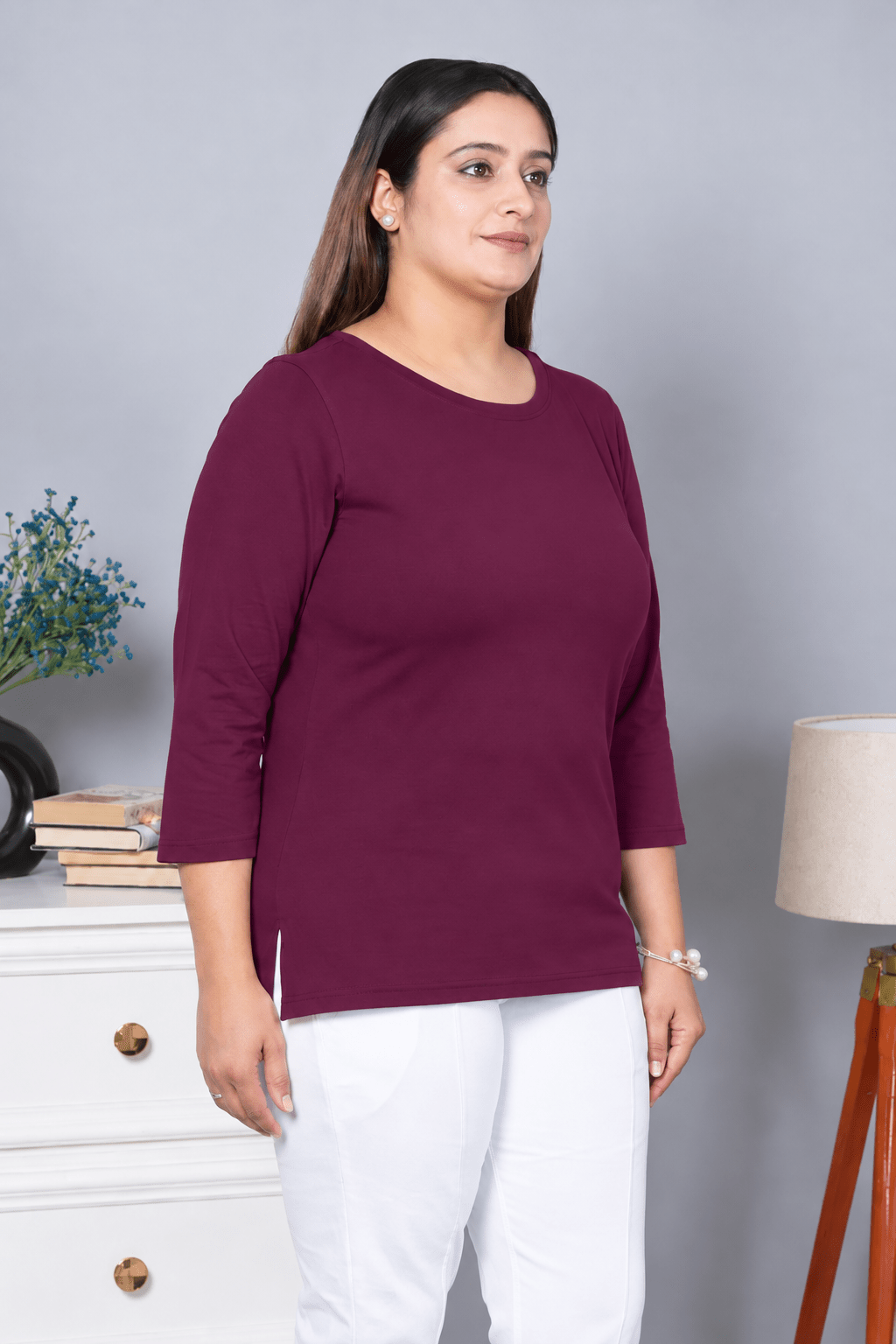 Plum Round Neck Cotton Lycra 3/4 Sleeve T Shirt -Cotton t shirt