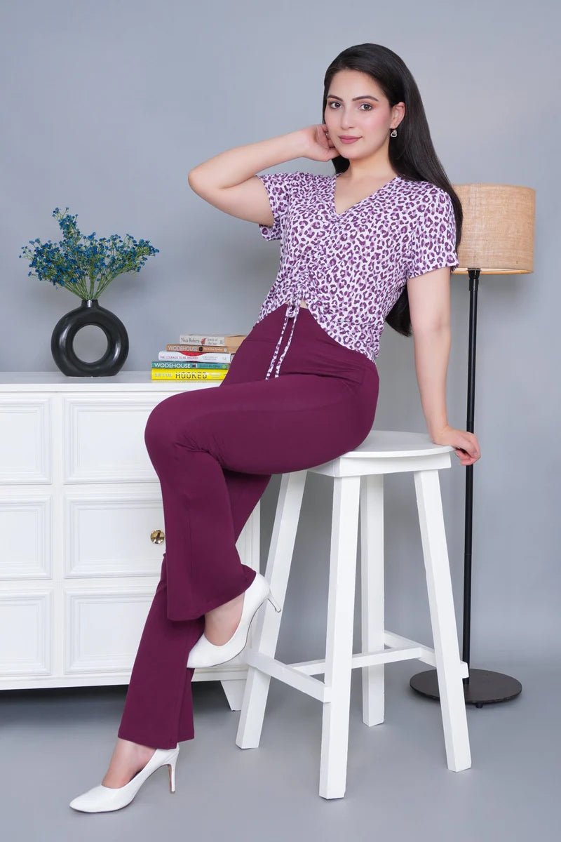 Plum stretchable biowash cotton lycra flare legging with superior elastic belt. -Cotton flare