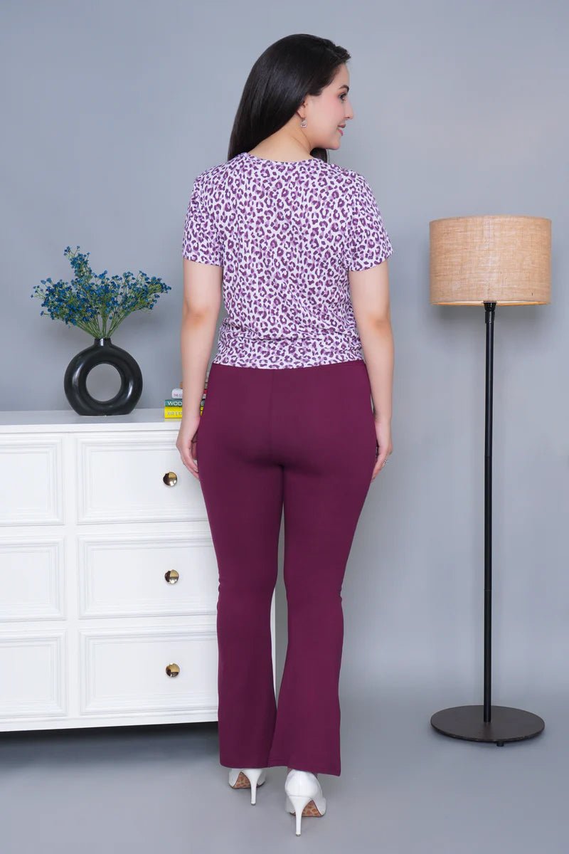 Plum stretchable biowash cotton lycra flare legging with superior elastic belt. -Cotton flare
