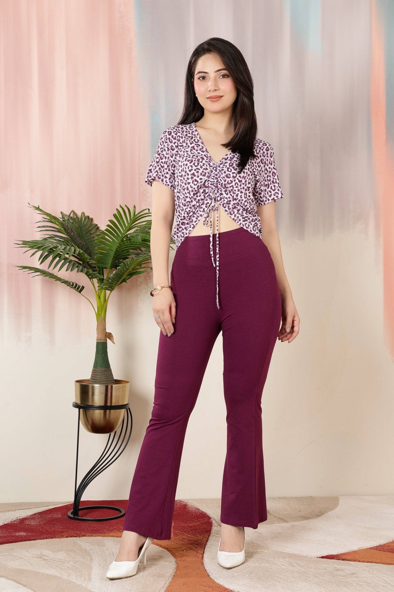 Plum stretchable biowash premium cotton lycra flare legging with superior elastic belt. -Cotton flare