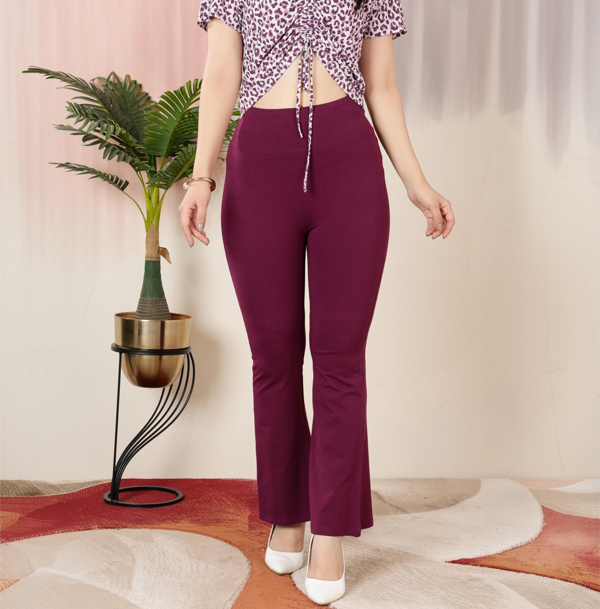 Plum stretchable biowash premium cotton lycra flare legging with superior elastic belt. -Cotton flare