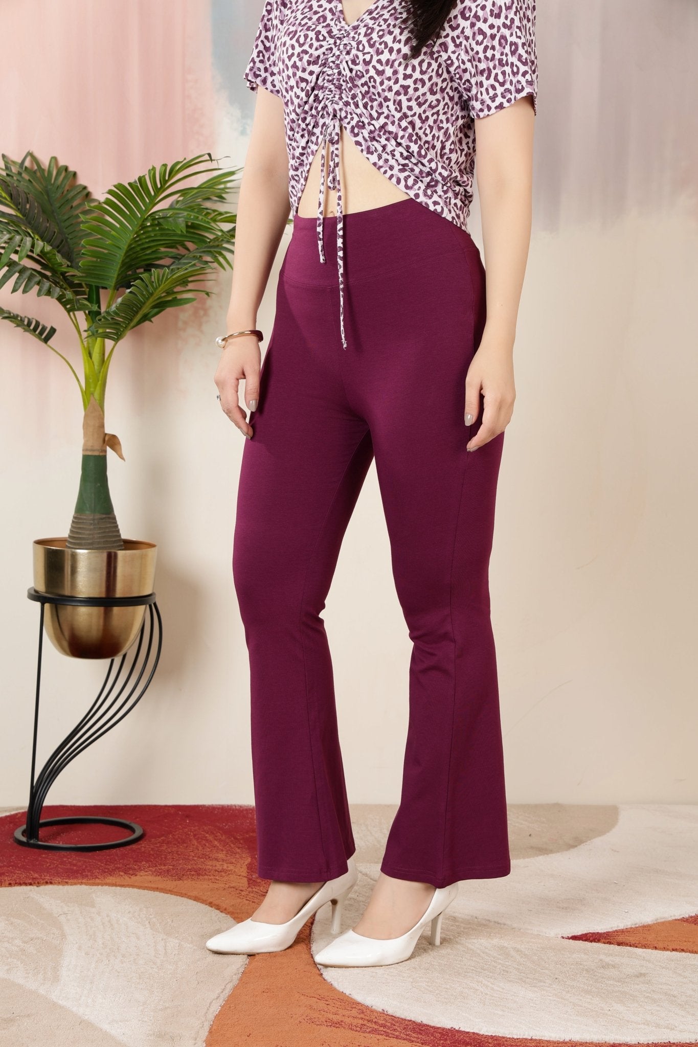 Plum stretchable biowash premium cotton lycra flare legging with superior elastic belt. -Cotton flare