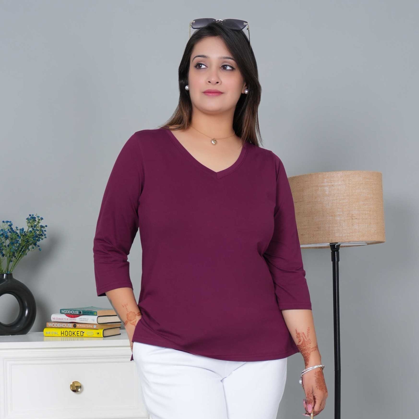 Plum V - neck cotton 3/4 sleeve t-shirt - Full sleeve v neck cotton t shirt