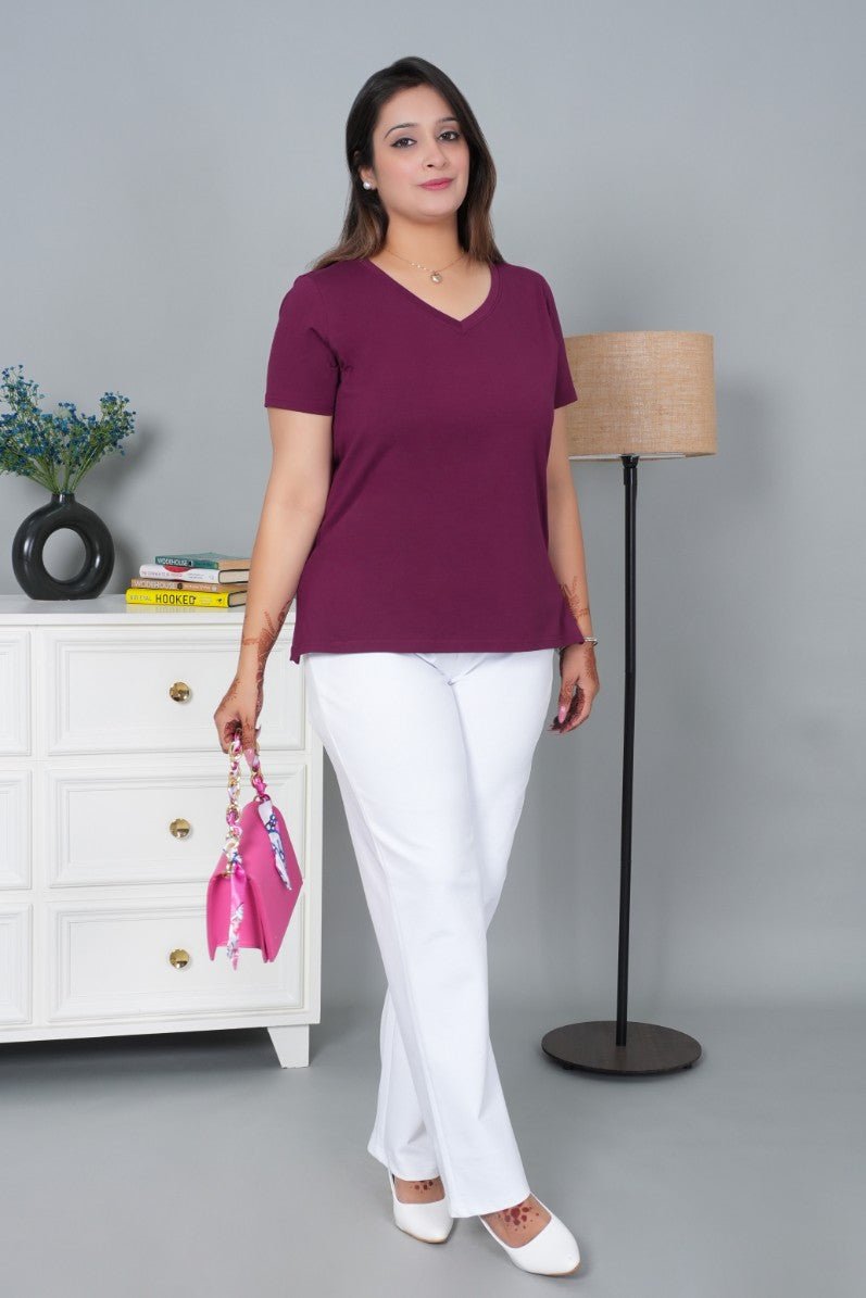 Plum V - neck half - sleeve cotton lycra t-shirt - Cotton half sleeve v neck t-shirt