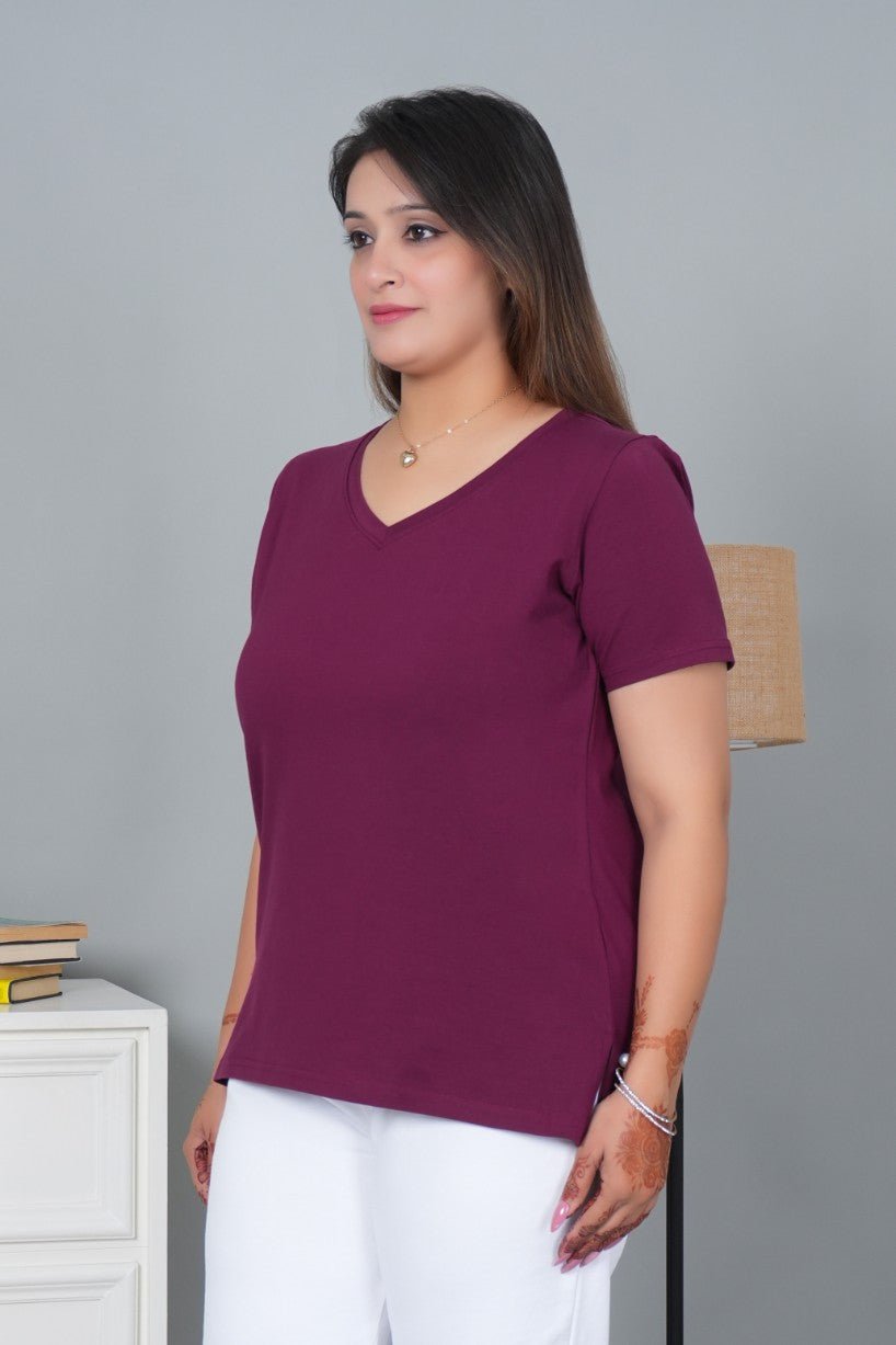 Plum V - neck half - sleeve cotton lycra t-shirt - Cotton half sleeve v neck t-shirt